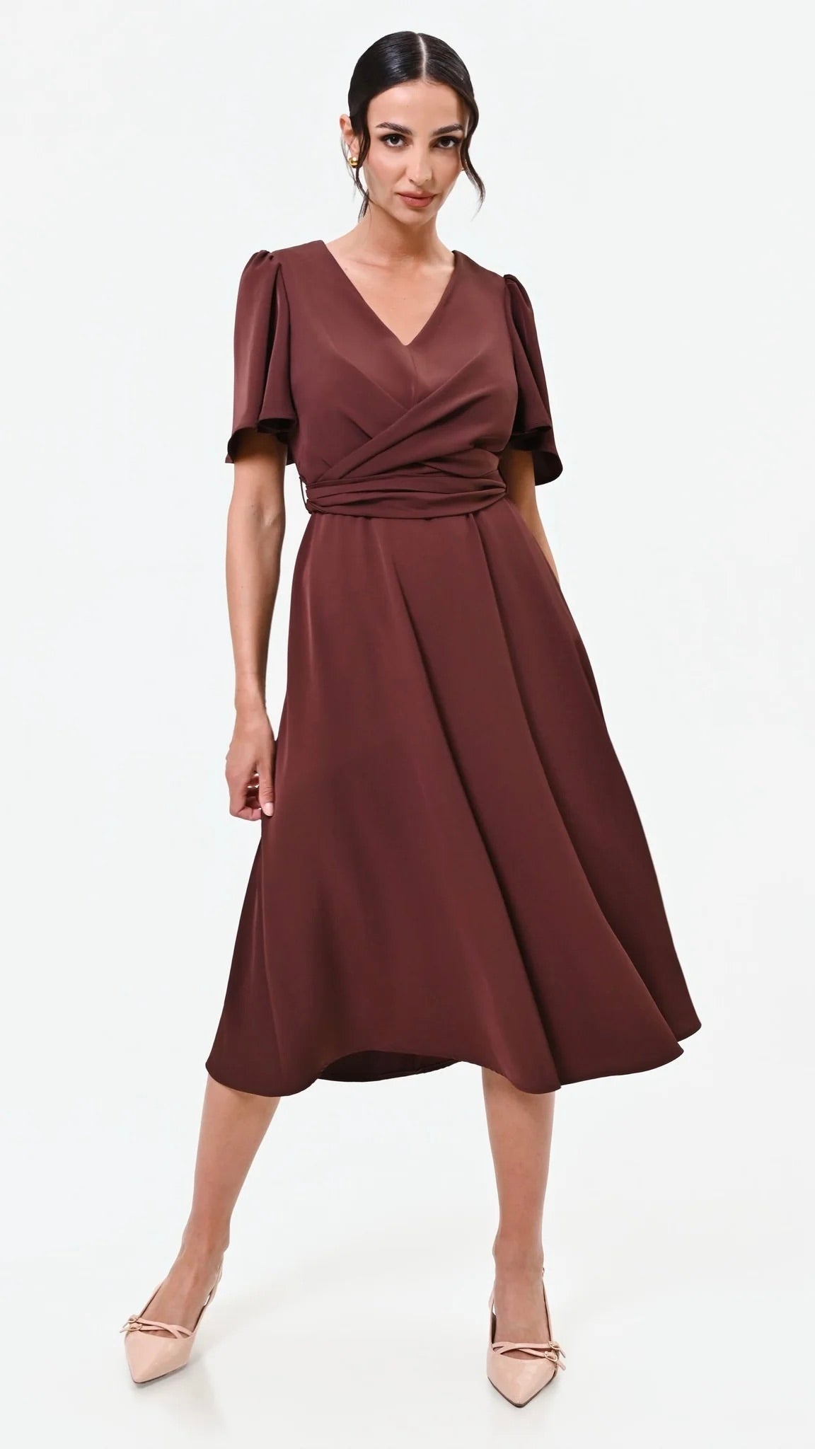 ROBE FLUIDE DRAPPÉE ÉLÉGANTE MARRON POUR FEMME RINASCIMENTO CFC0130286003#COLOR_B404/CHOCO