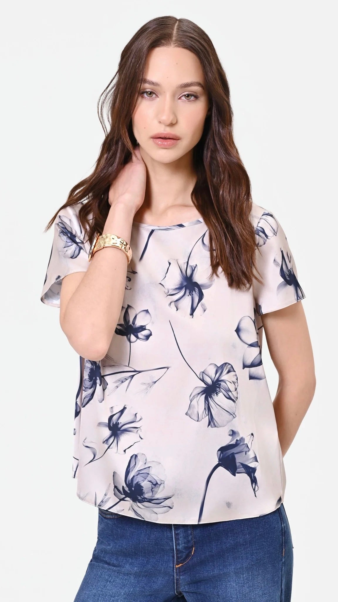 TOP MANCHES COURTES IMPRIME FLEURI POUR FEMME  RINASCIMENTO CFC0130341003#color_B443/BLUE NAVY