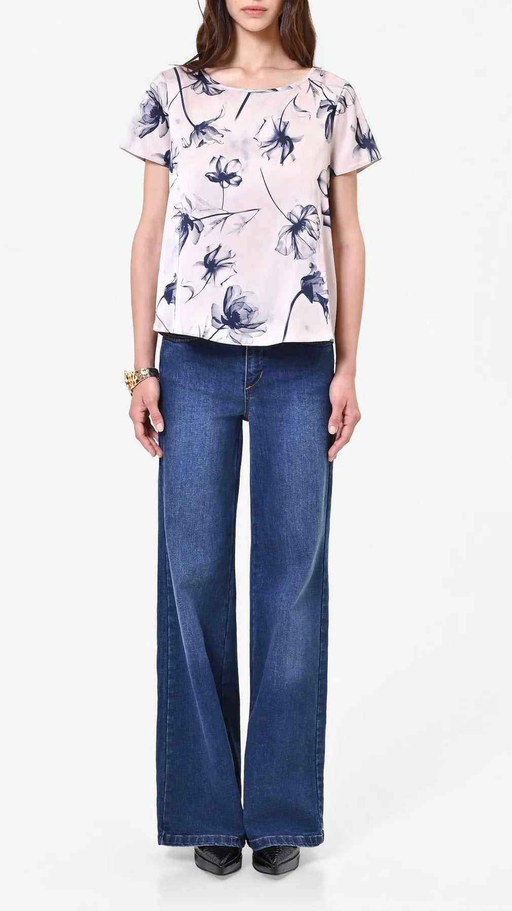 TOP MANCHES COURTES IMPRIME FLEURI POUR FEMME  RINASCIMENTO CFC0130341003#color_B443/BLUE NAVY