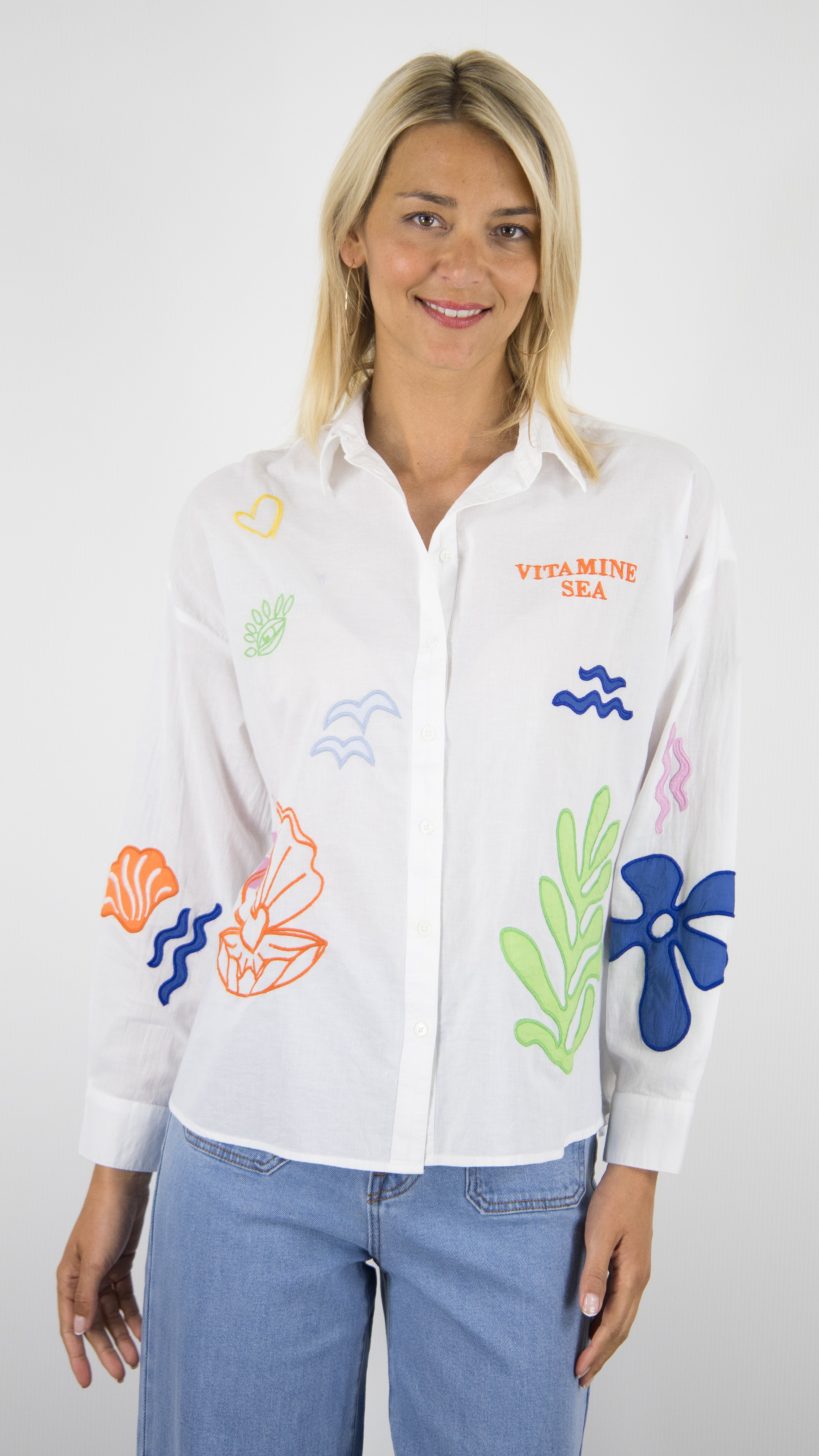 CHEMISE LA PETITE ÉTOILE EN COTON MANCHES LONGUES AVEC BOUTONS  EN NACRE ET COL 10/BLANC