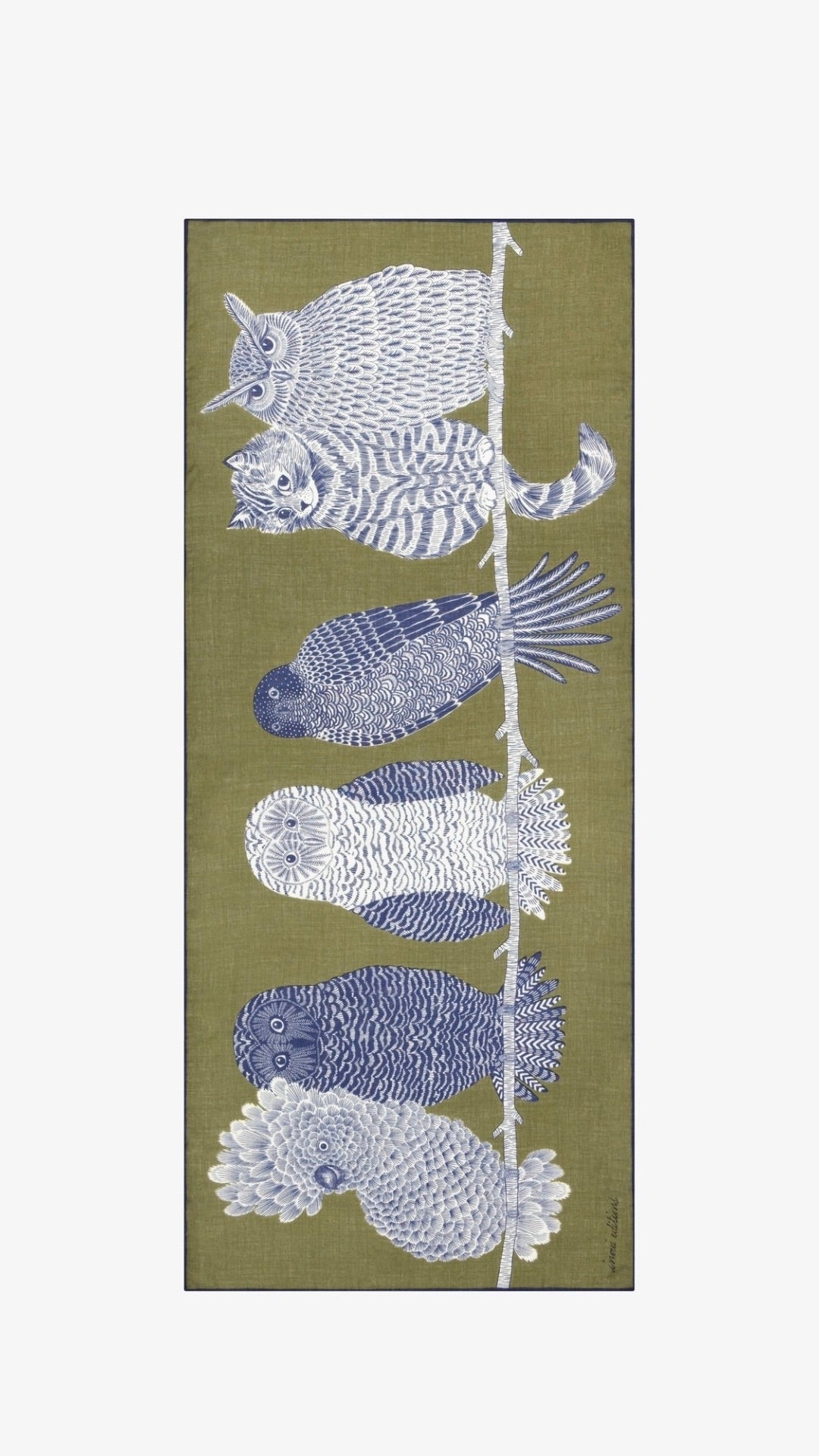 ECHARPE EN LAINE IMPRIME CHOUETTE KAKI INOUI EDITIONS CHOUETTE