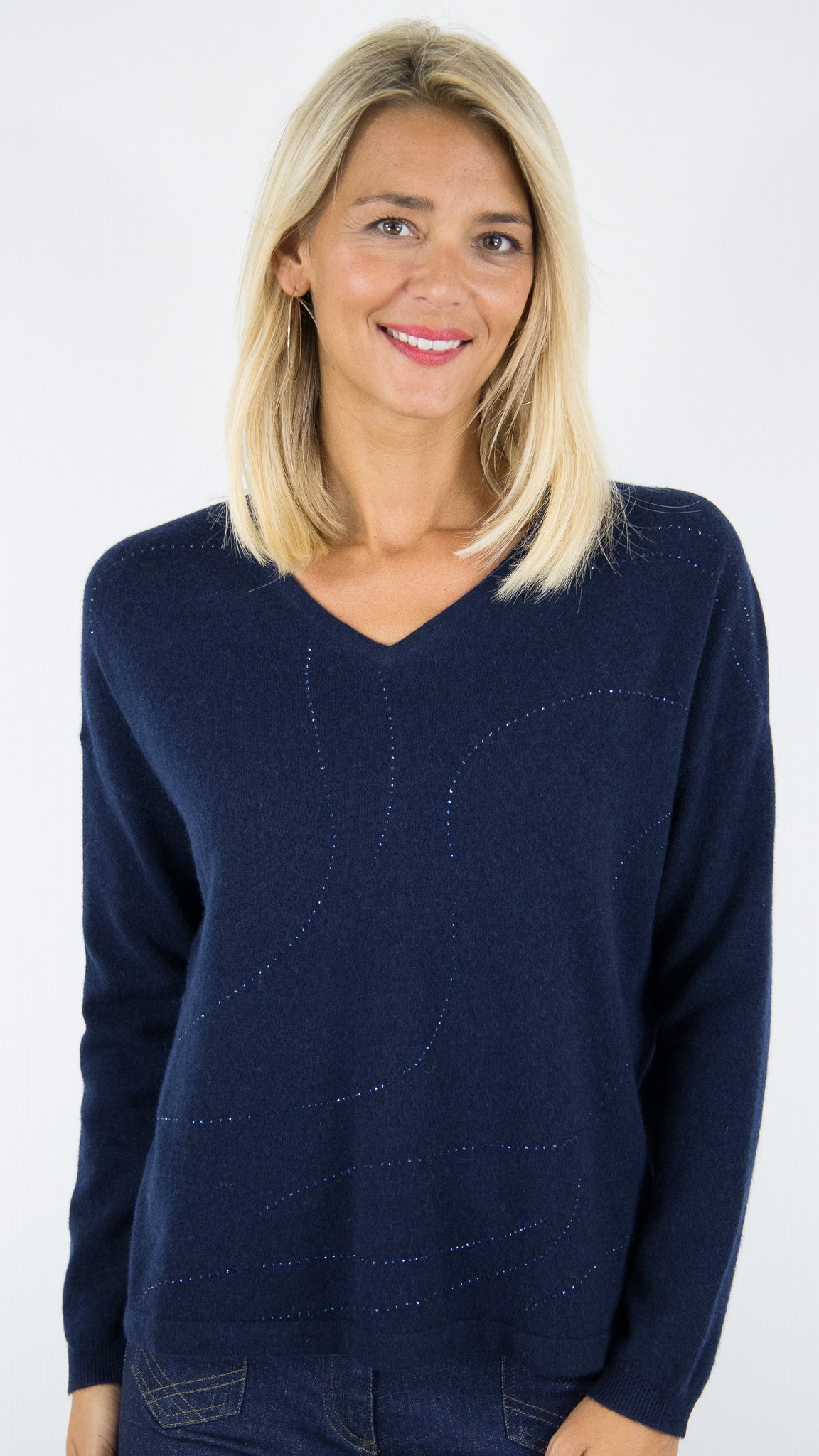 PULL COL V EN CACHEMIRE AVEC STRASS POUR FEMME ESTHEME CKH5262C#COLOR_53370/NUIT