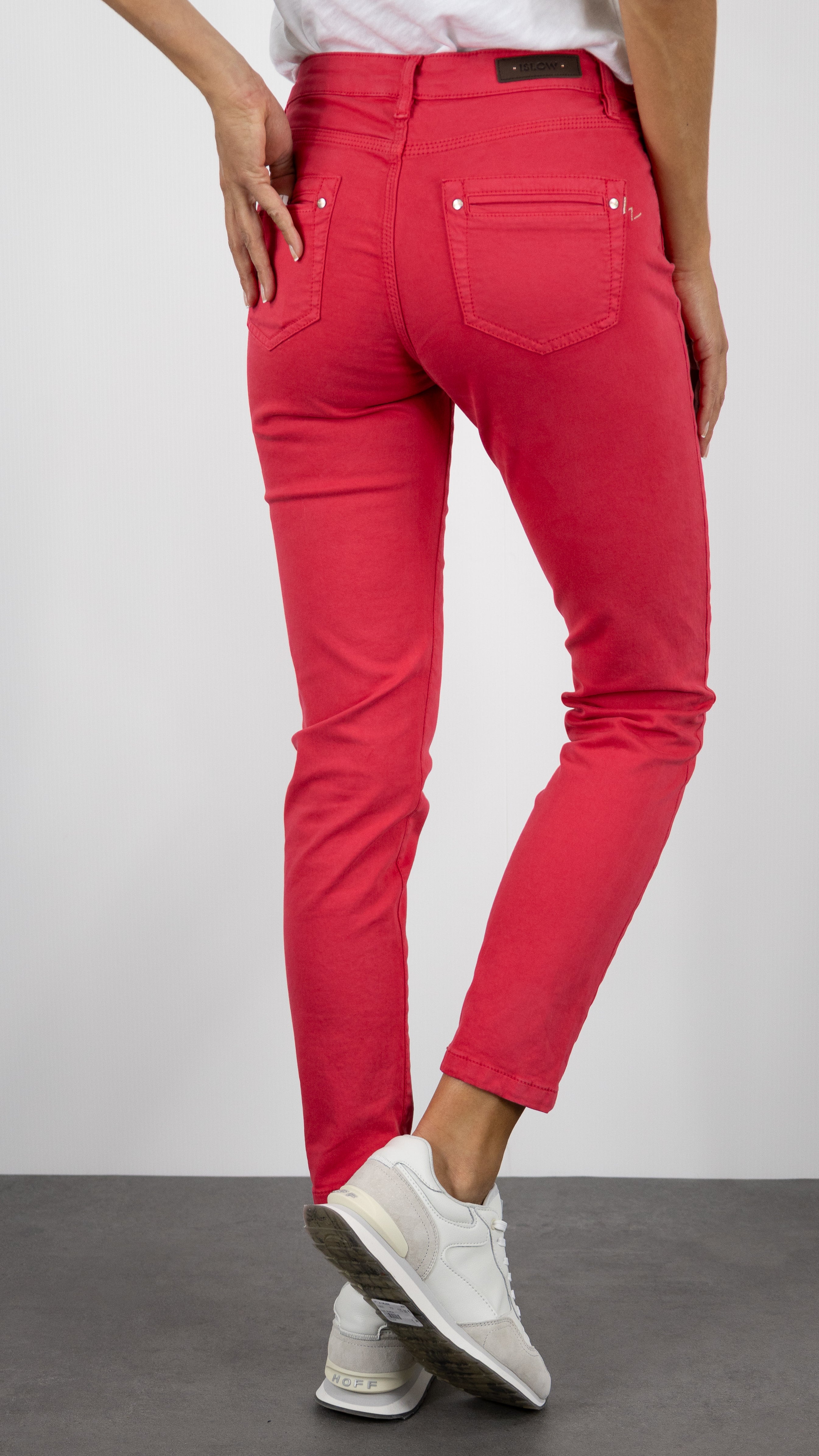 PANTALON SLIM EN COTON LYCRA POUR FEMME ISLOW CLARA SATIN LYCRA#COLOR_LAURIER ROSE/FRAISE