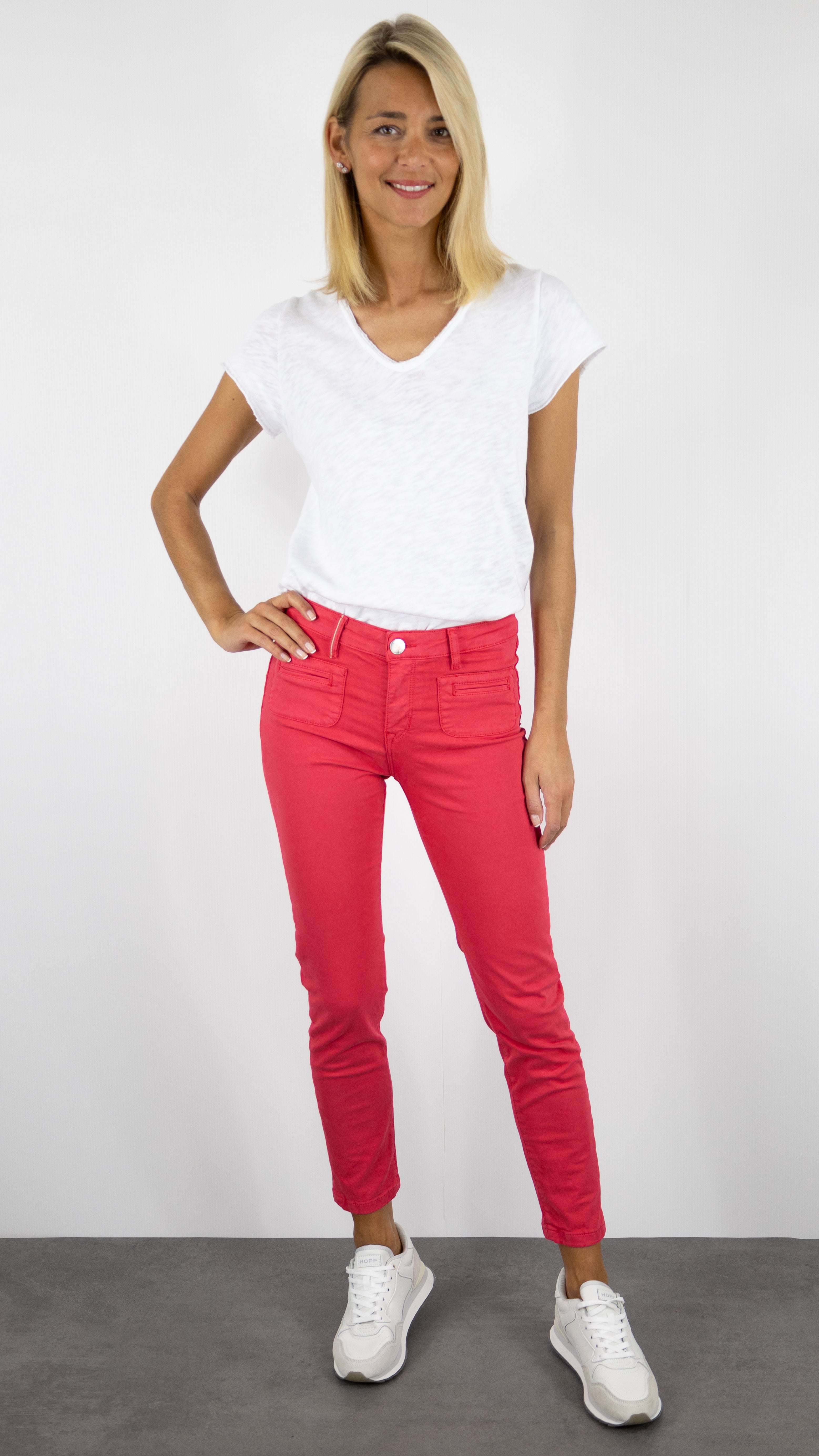 PANTALON SLIM EN COTON LYCRA POUR FEMME ISLOW CLARA SATIN LYCRA#COLOR_LAURIER ROSE/FRAISE