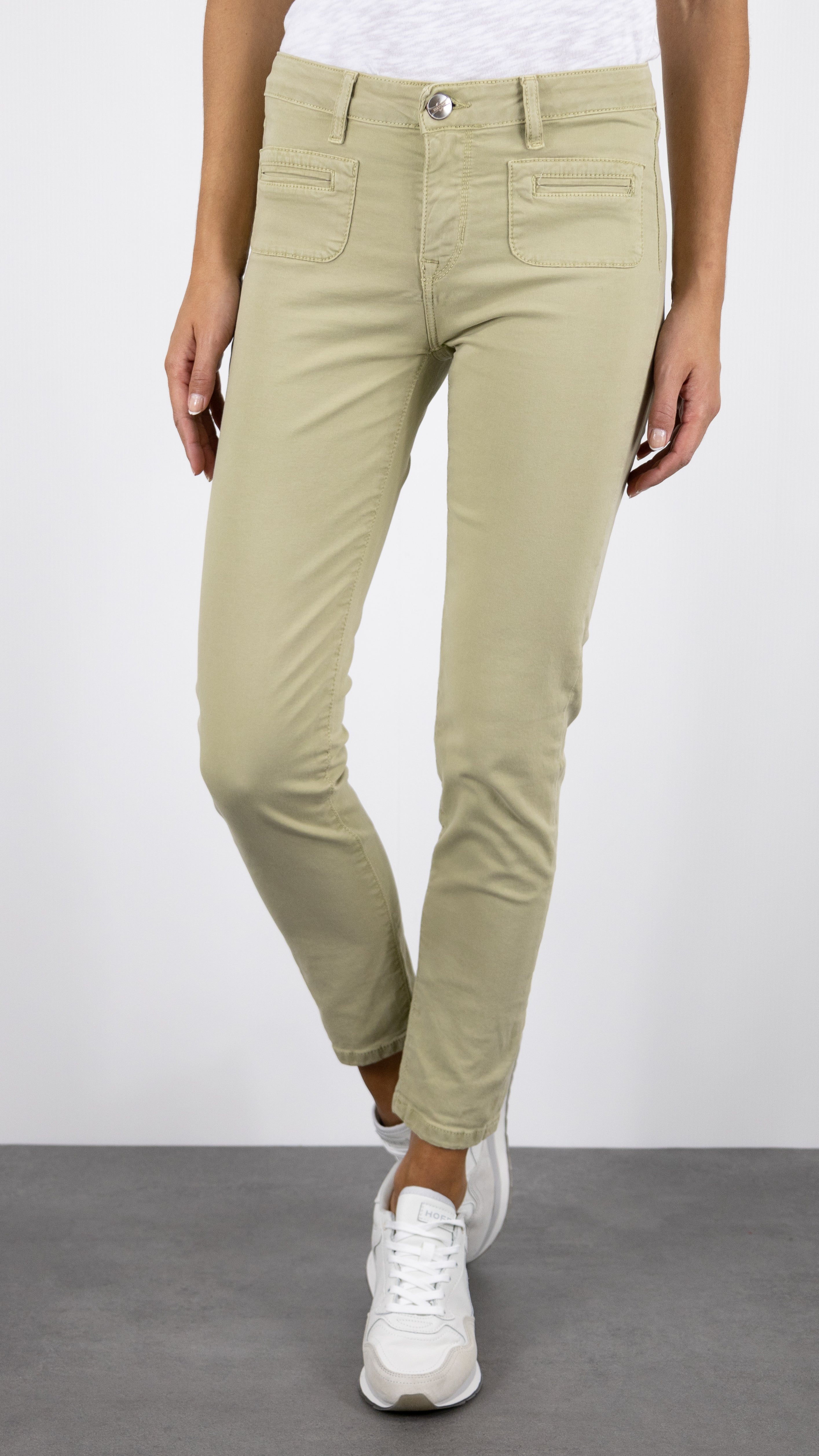 PANTALON SLIM EN COTON LYCRA POUR FEMME ISLOW CLARA SATIN LYCRA#COLOR_VERVEINE/KAKI CLAIR