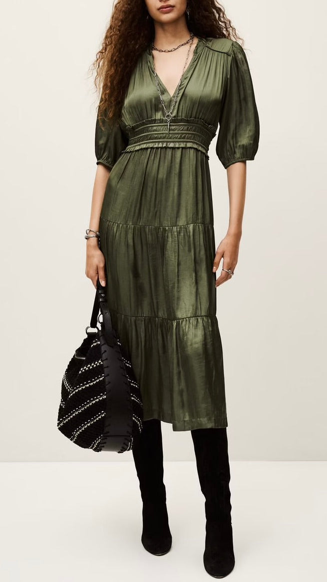 ROBE MIDI FRONCEE EN POLYSOIE KAKI BA&SH CLELI 