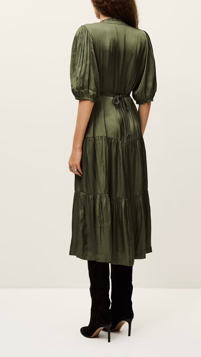 ROBE MIDI FRONCEE EN POLYSOIE KAKI BA&SH CLELI 