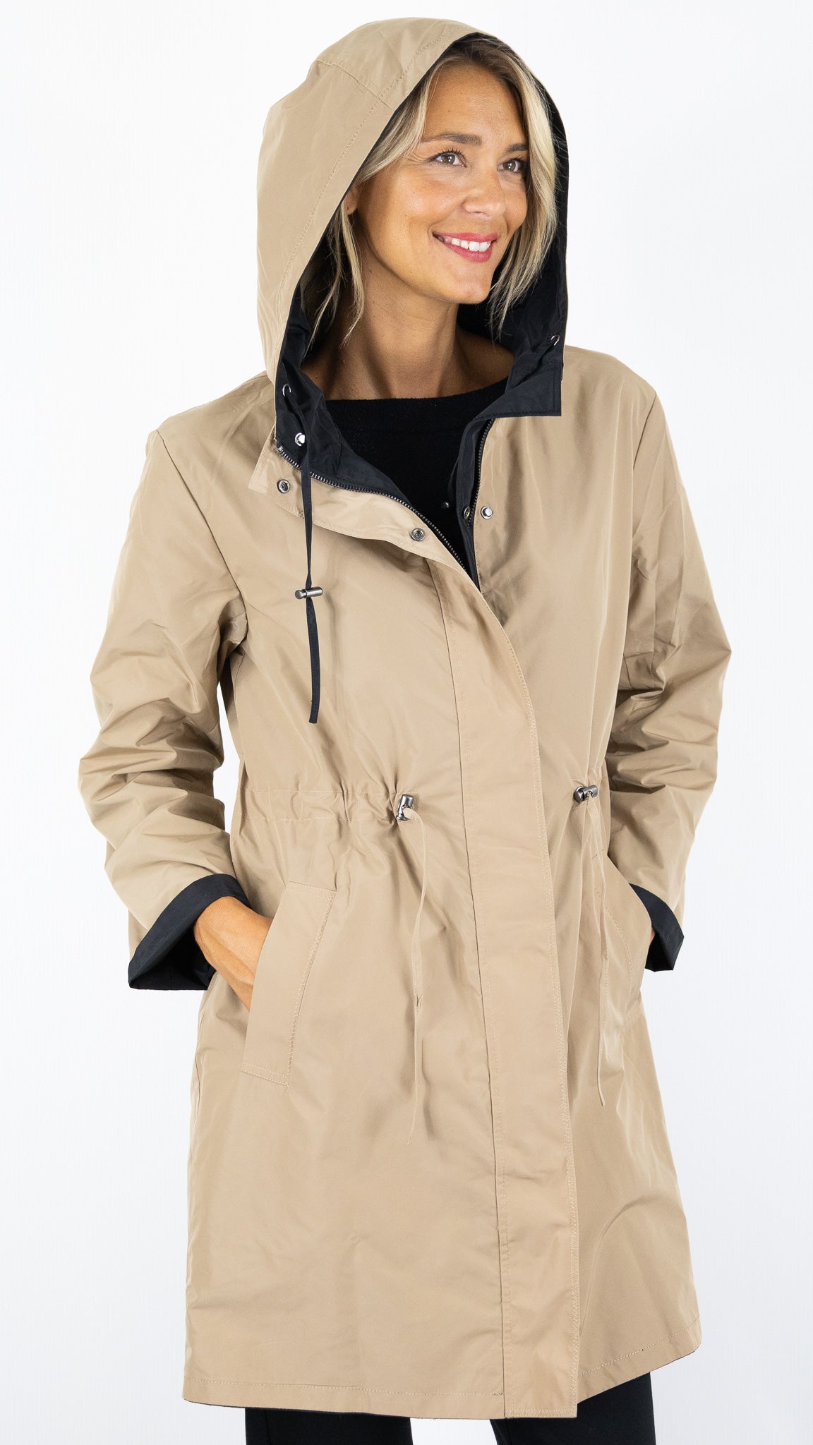 PARKA A CAPUCHE MI-LONGUE REVERSIBLE POUR FEMME CAMEL ET NOIR GERARD DAREL XIMENA DCE14 C018