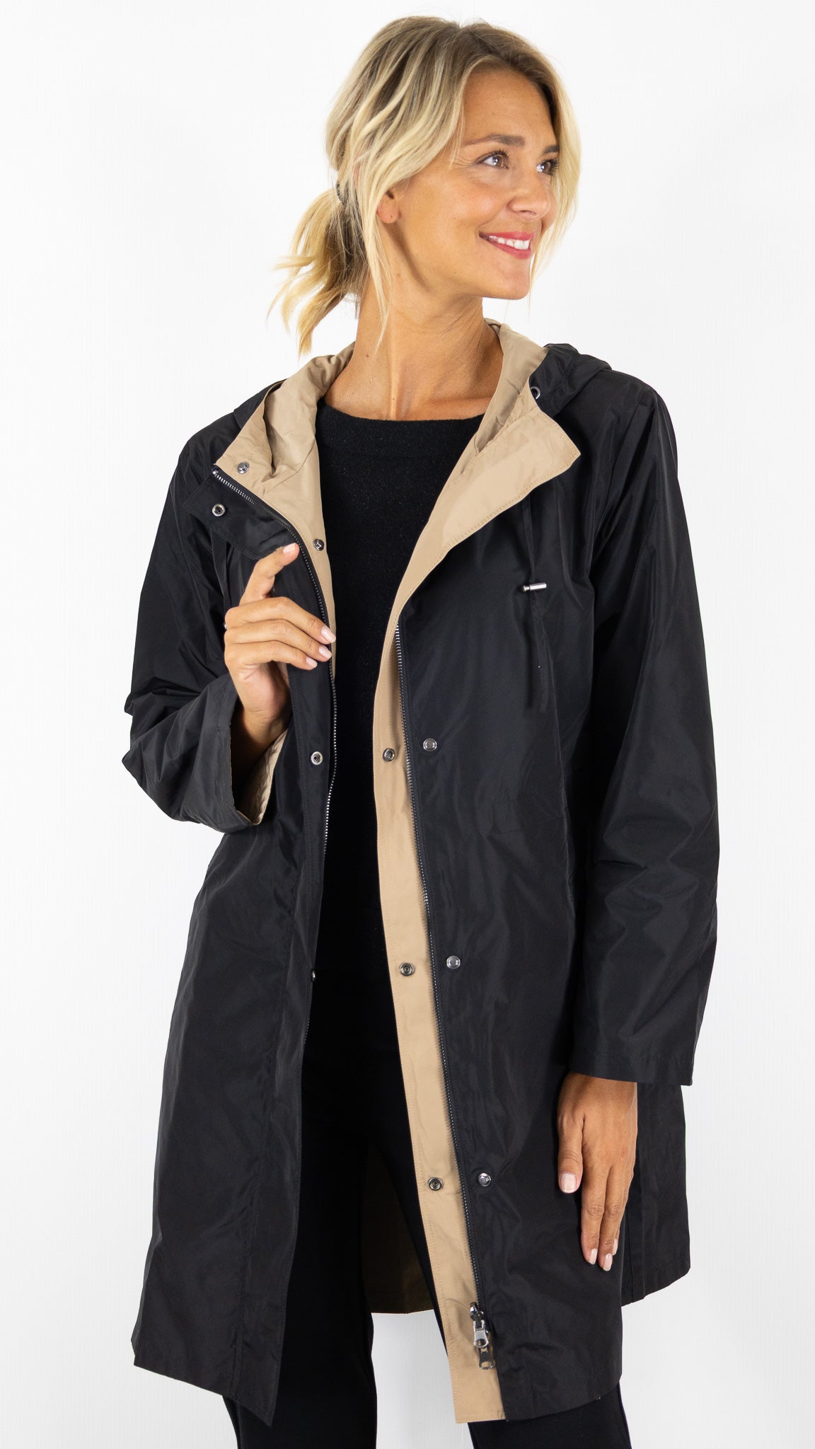 PARKA A CAPUCHE MI-LONGUE REVERSIBLE POUR FEMME CAMEL ET NOIR GERARD DAREL XIMENA DCE14 C018