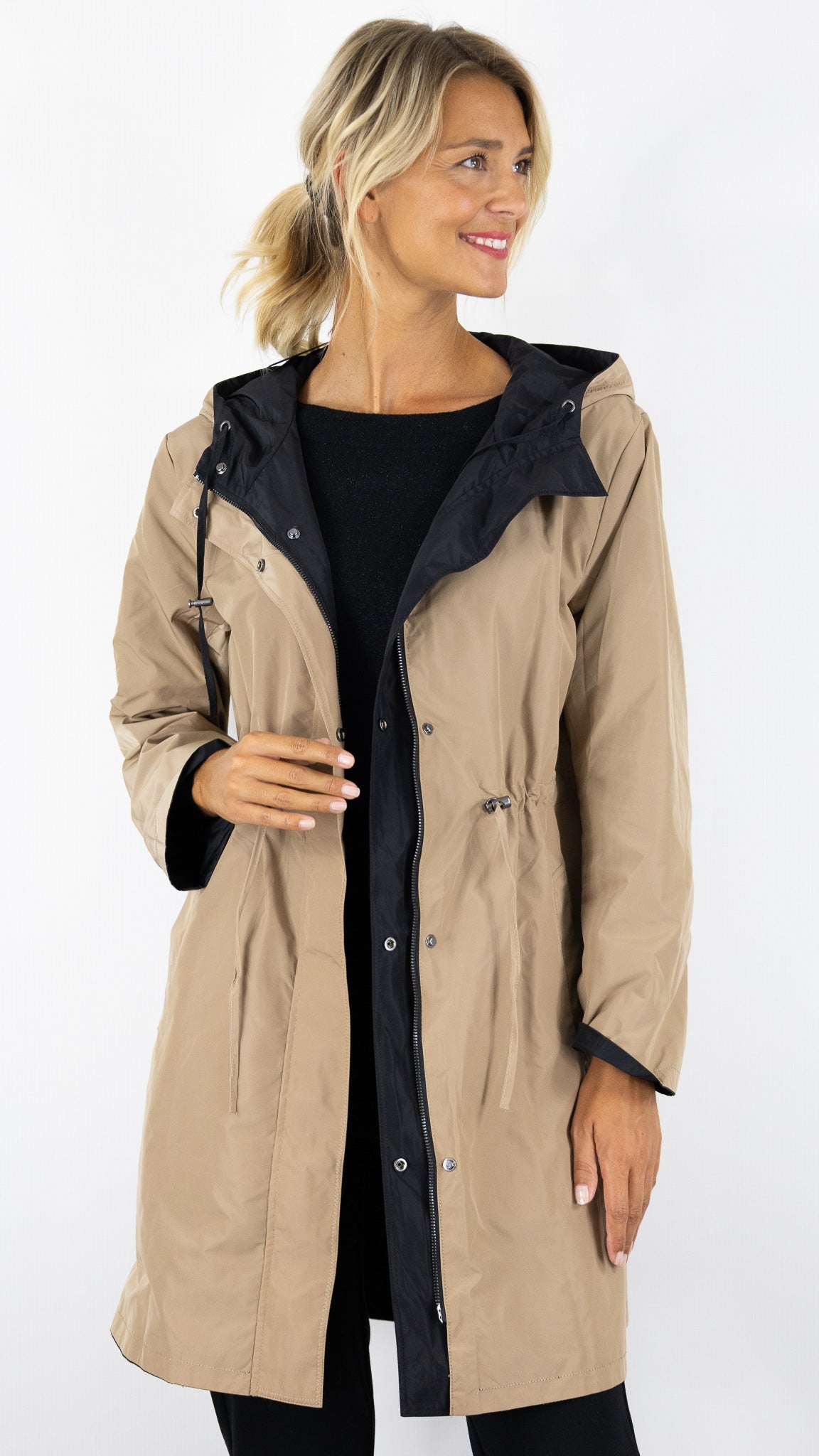 PARKA A CAPUCHE MI-LONGUE REVERSIBLE POUR FEMME CAMEL ET NOIR GERARD DAREL XIMENA DCE14 C018