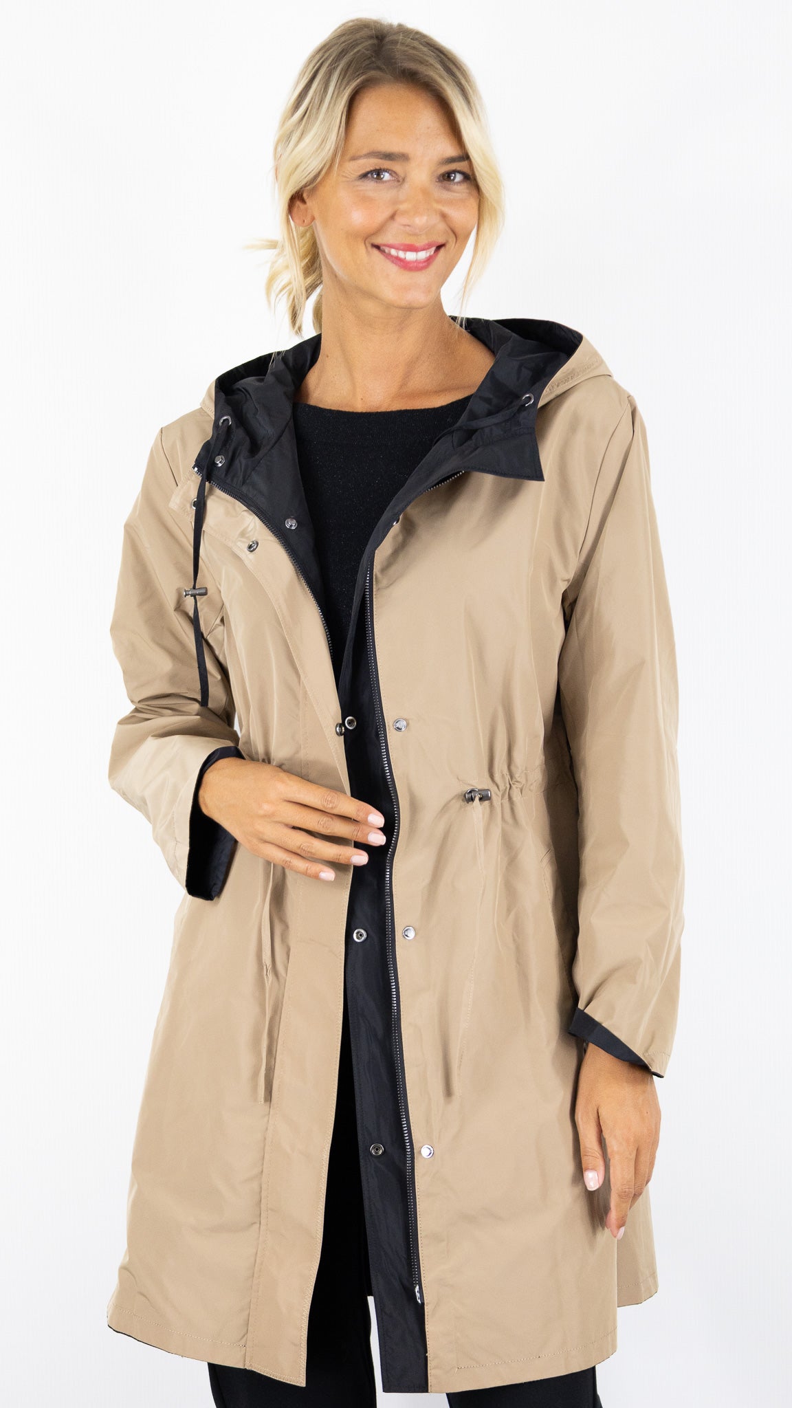 PARKA A CAPUCHE MI-LONGUE REVERSIBLE POUR FEMME CAMEL ET NOIR GERARD DAREL XIMENA DCE14 C018