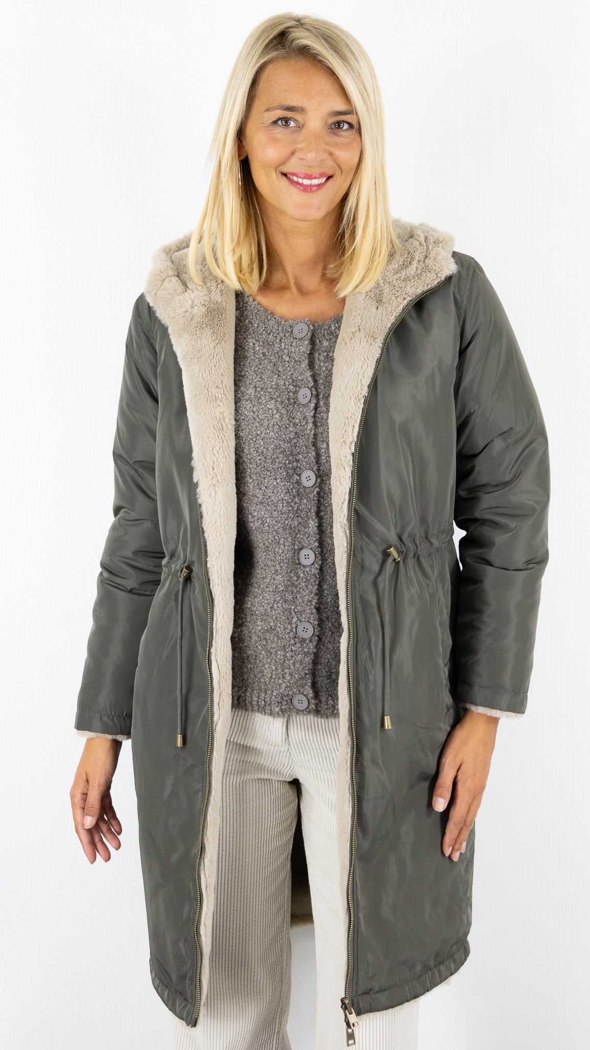 PARKA REVERSIBLE KAKI ET FAUSSE FOURRURE BEIGE POUR FEMME GERARD DAREL MAYLINE