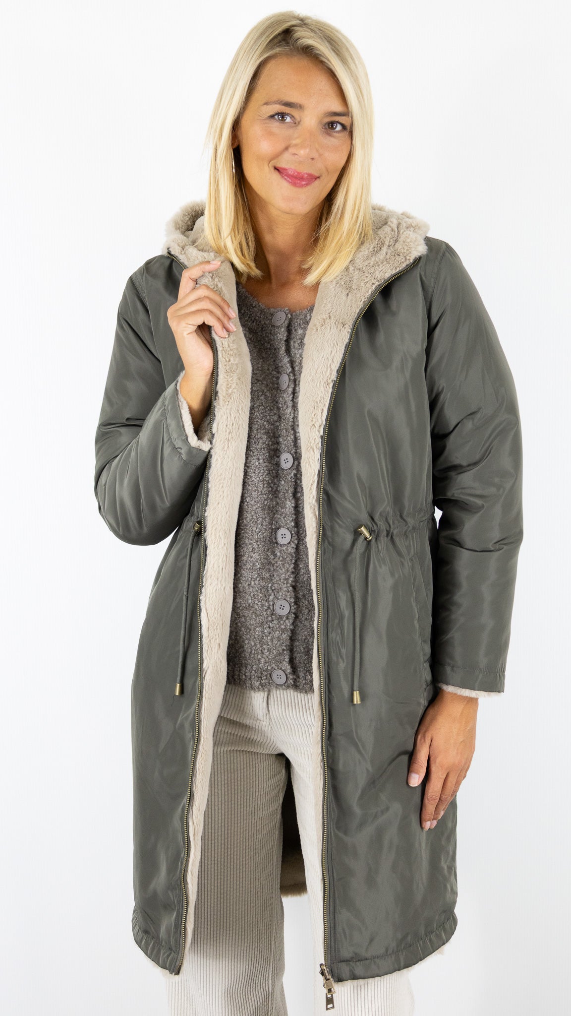 PARKA REVERSIBLE KAKI ET FAUSSE FOURRURE BEIGE POUR FEMME GERARD DAREL MAYLINE