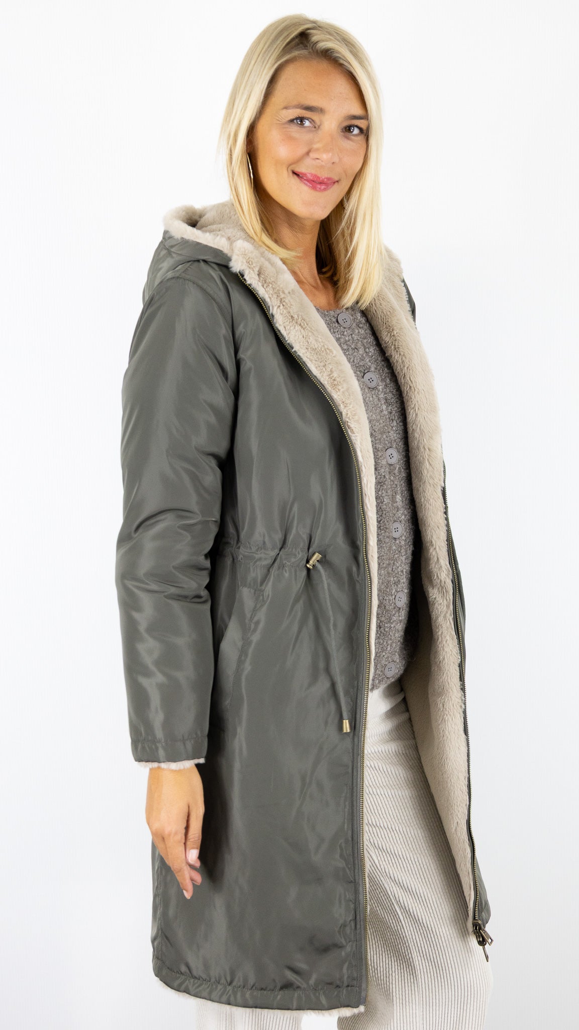 PARKA REVERSIBLE KAKI ET FAUSSE FOURRURE BEIGE POUR FEMME GERARD DAREL MAYLINE
