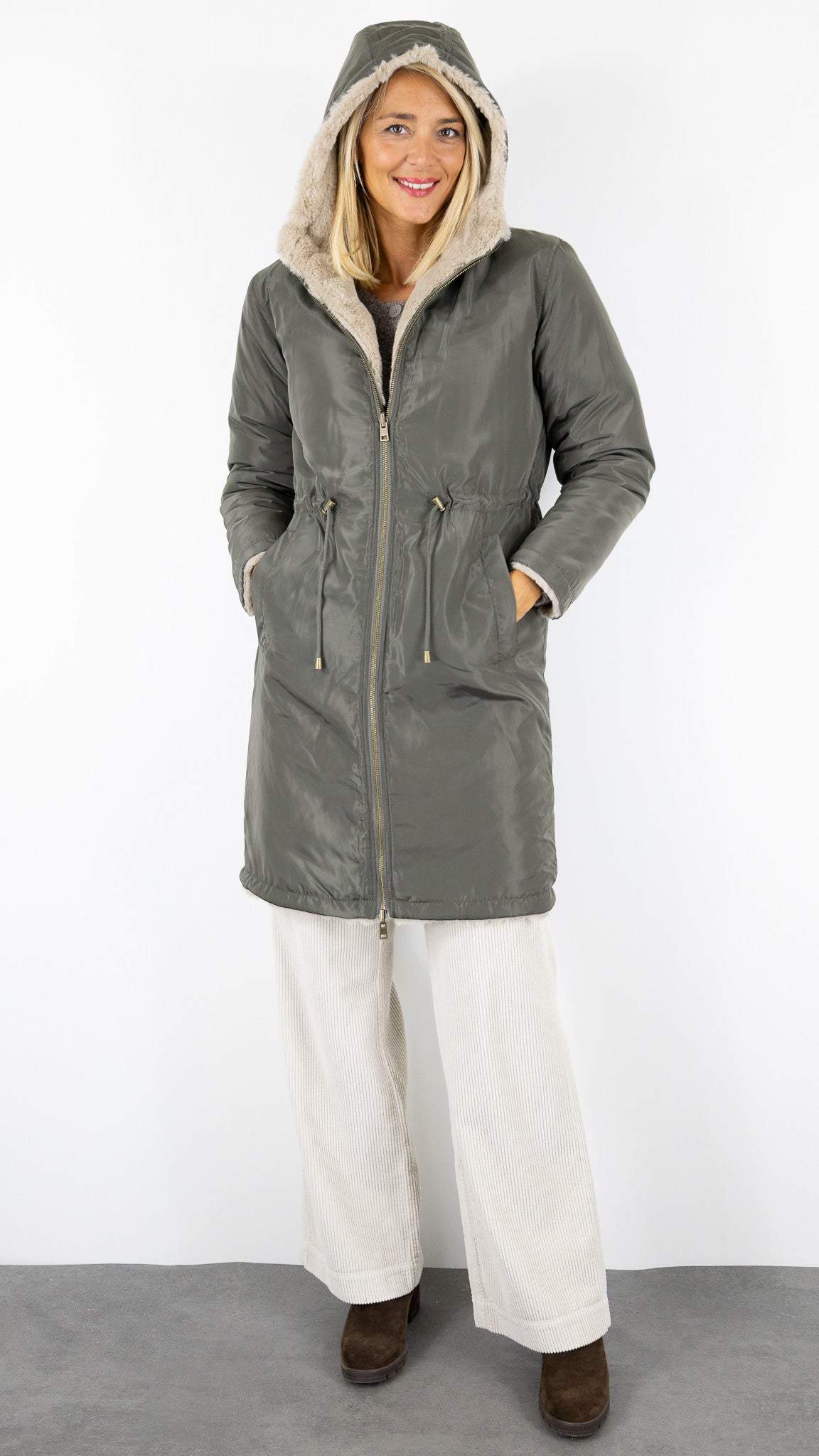 PARKA REVERSIBLE KAKI ET FAUSSE FOURRURE BEIGE POUR FEMME GERARD DAREL MAYLINE