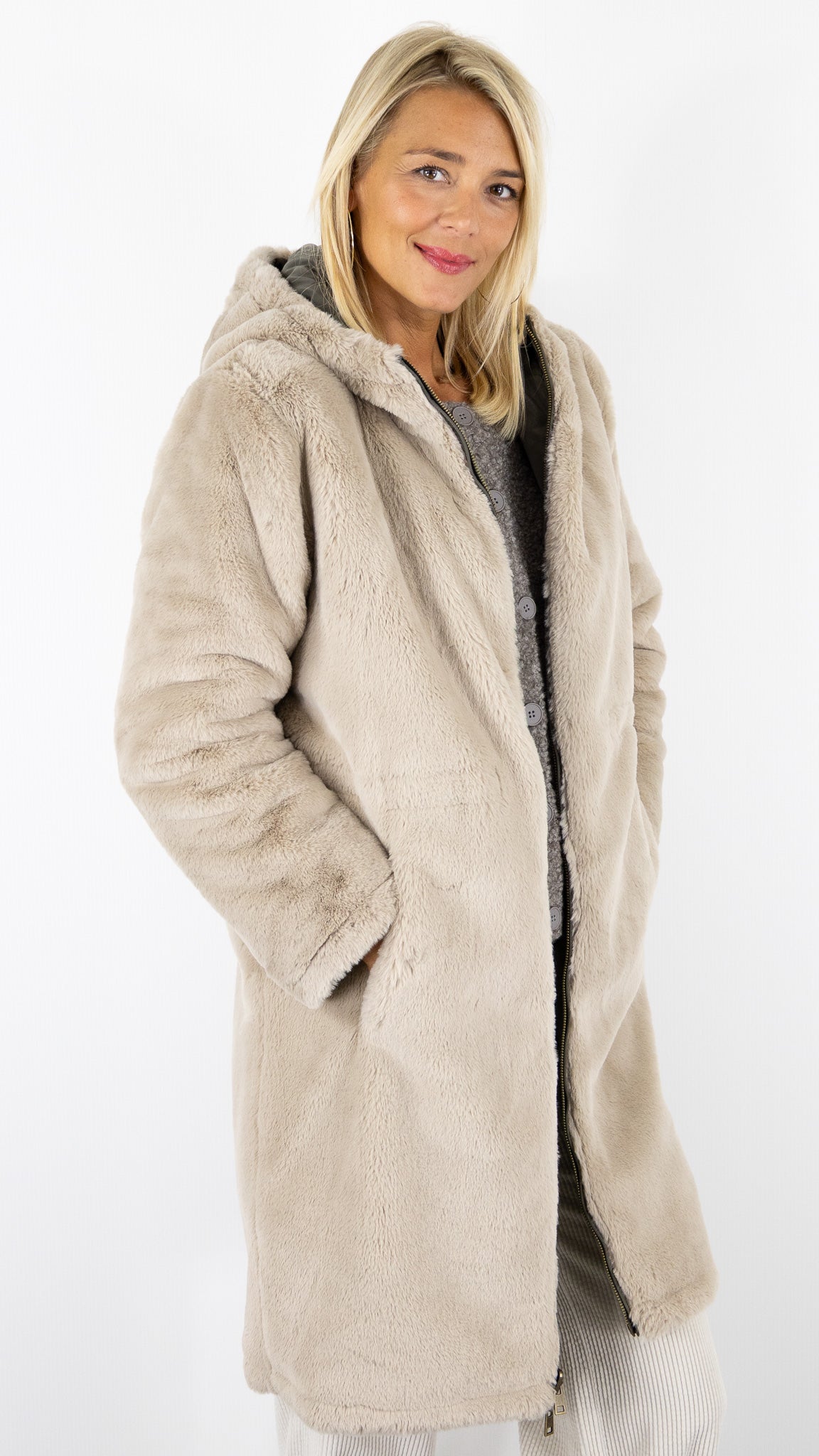 PARKA REVERSIBLE KAKI ET FAUSSE FOURRURE BEIGE POUR FEMME GERARD DAREL MAYLINE