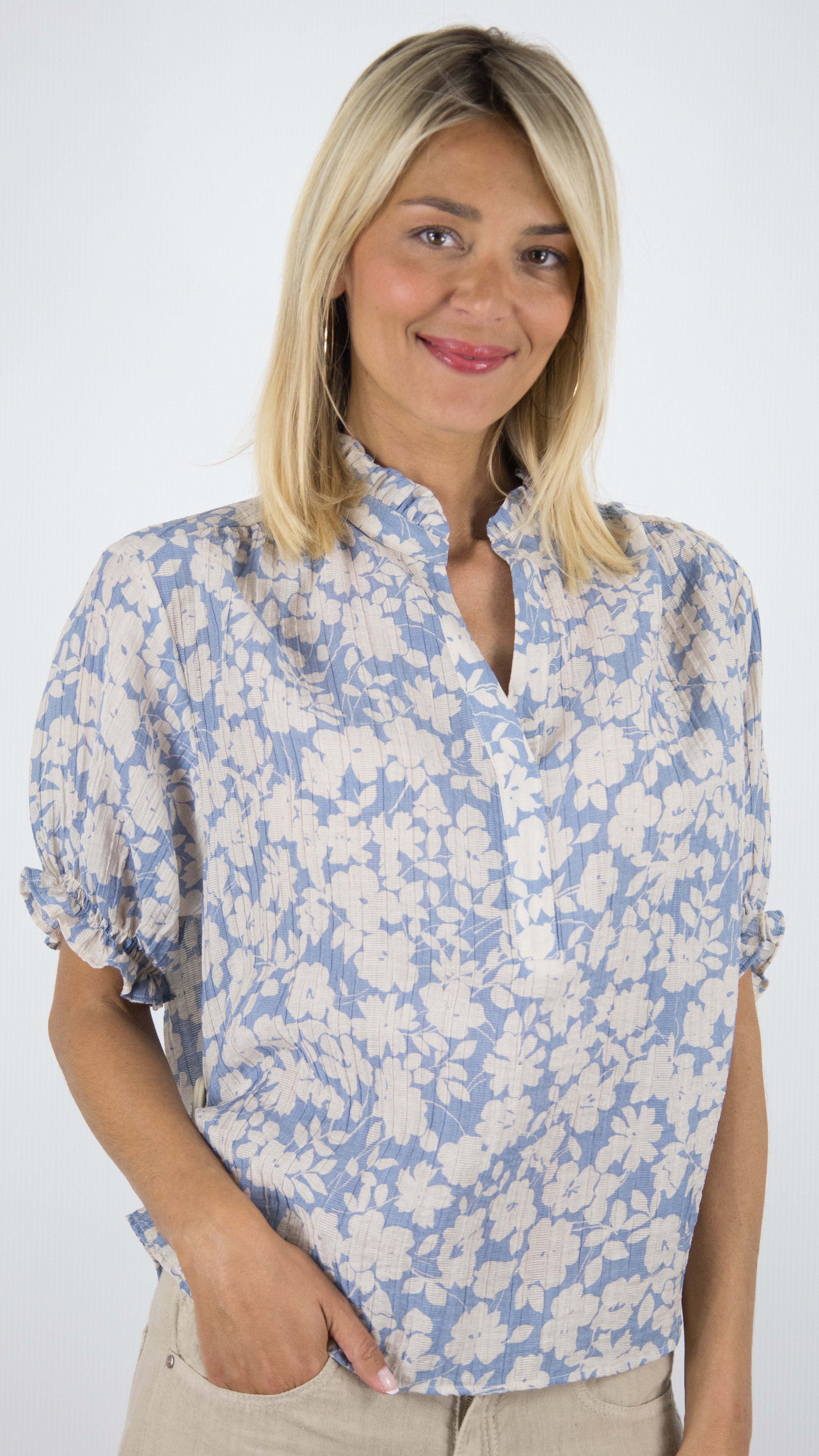 BLOUSE VOLANTEE MANCHES COURTES IMPRIME FLEURI BEIGE CIEL GERARD DAREL CEPHISE