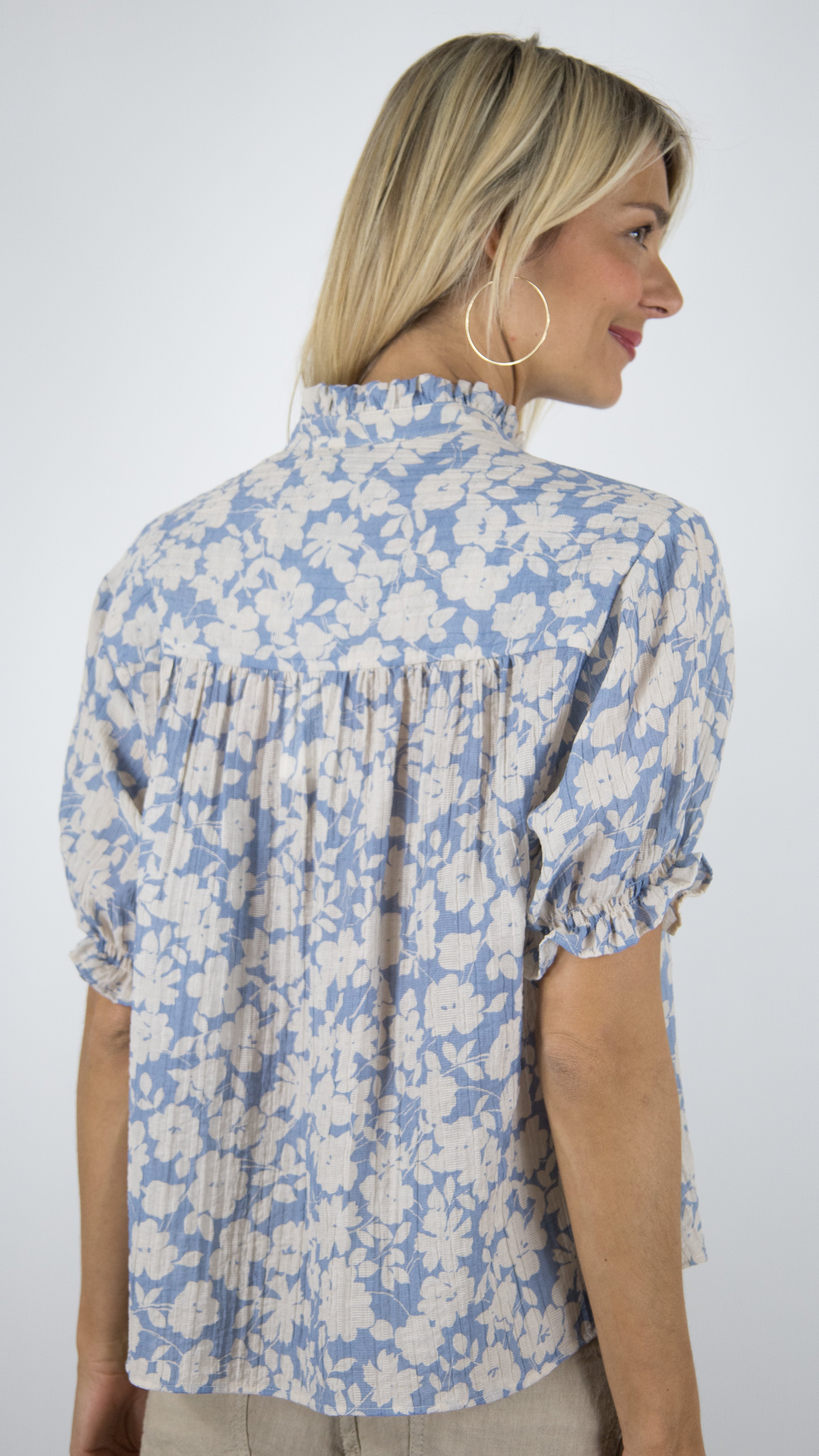 BLOUSE VOLANTEE MANCHES COURTES IMPRIME FLEURI BEIGE CIEL GERARD DAREL CEPHISE
