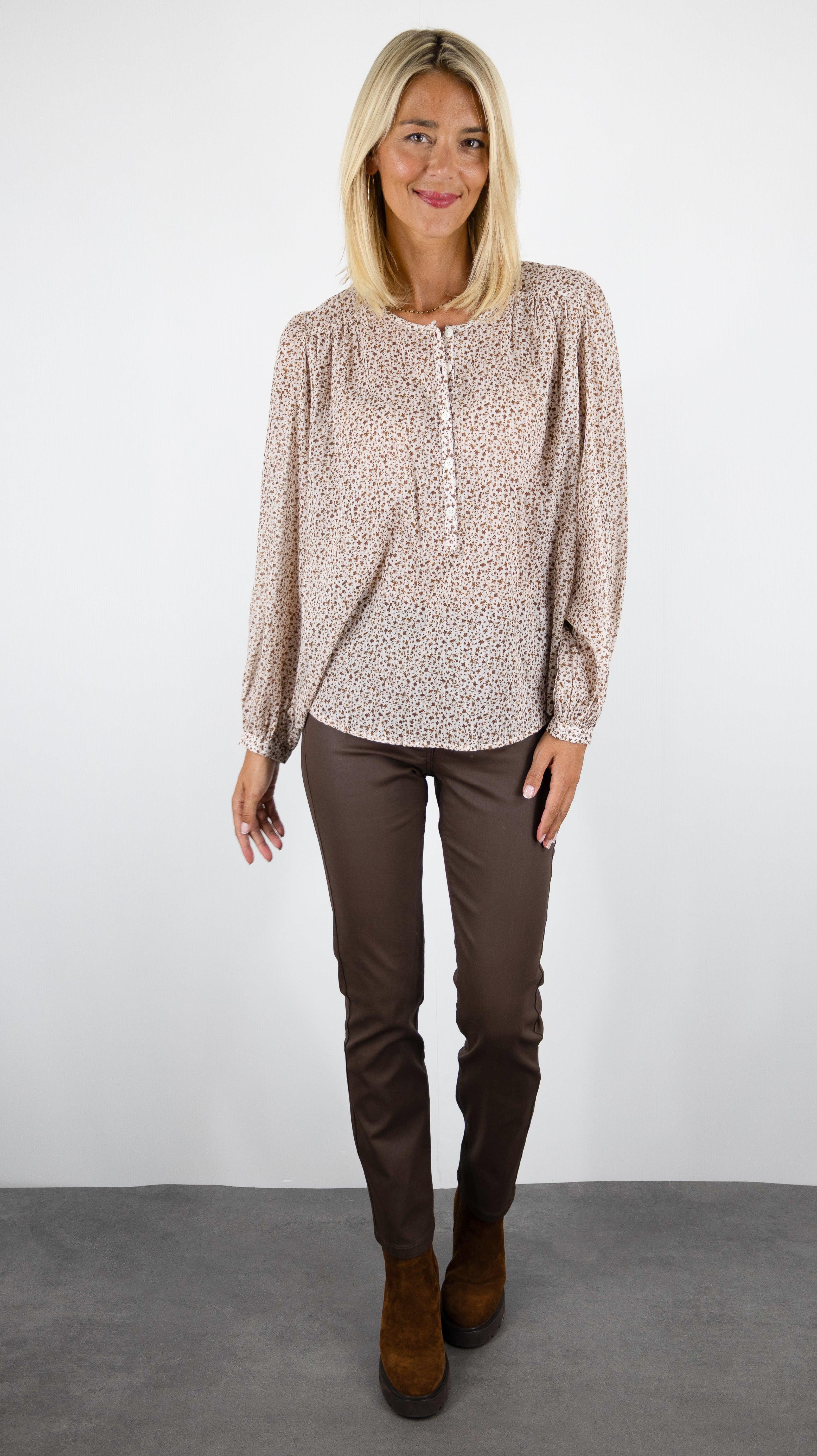 BLOUSE FLEURI AMPLE EN VOILE DE COTON POUR FEMME CAMEL DES PETITS HAUTS ELODIA