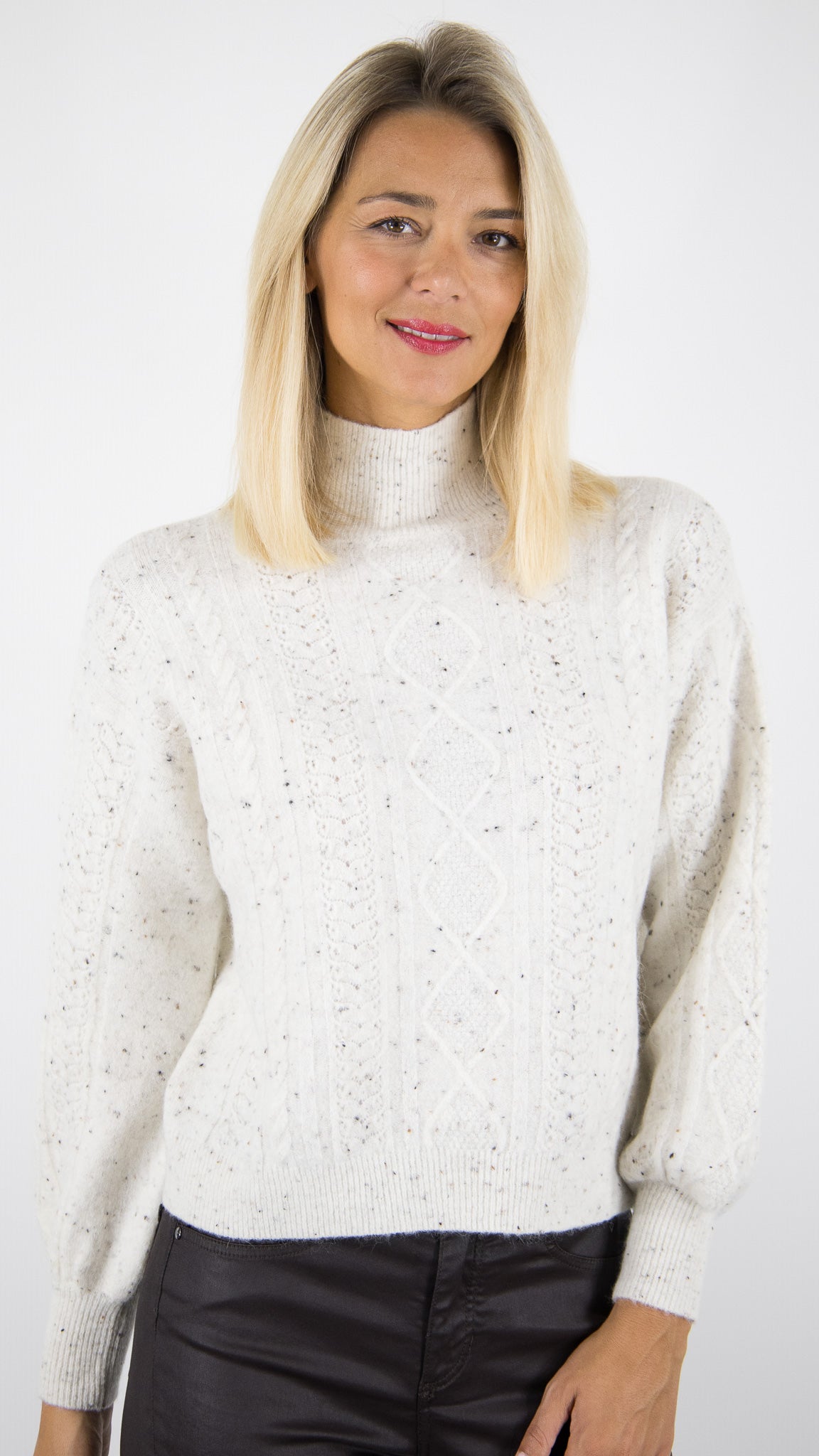 PULL COL CHEMINEE TORSADE MOUCHETE POUR FEMME DES PETITS HAUTS DINO CREME TWEED