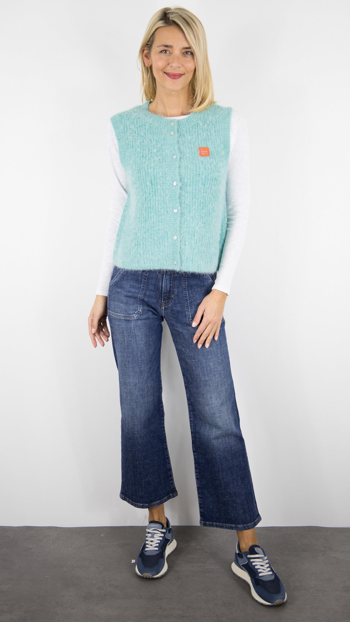 GILET SANS MANCHES ALPAGA AMERICAN VINTAGE EAST#COLOR_RECIF CHINE/TURQUOISE