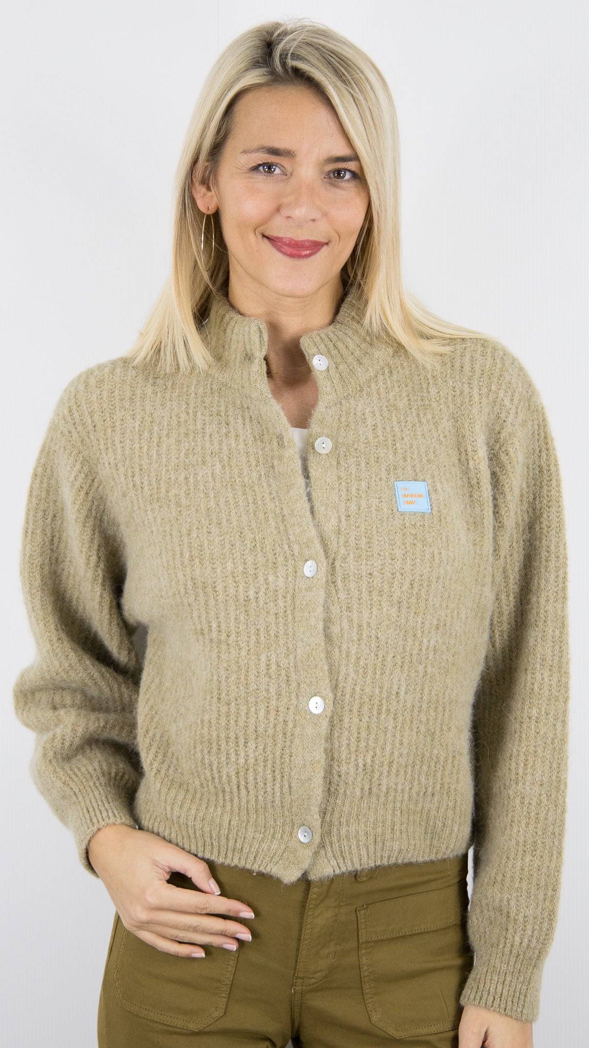 GILET COL MONTANT EN ALPAGA POUR FEMME AMERICAN VINTAGE EAST19N#COLOR_SABLE CHINE/BEIGE