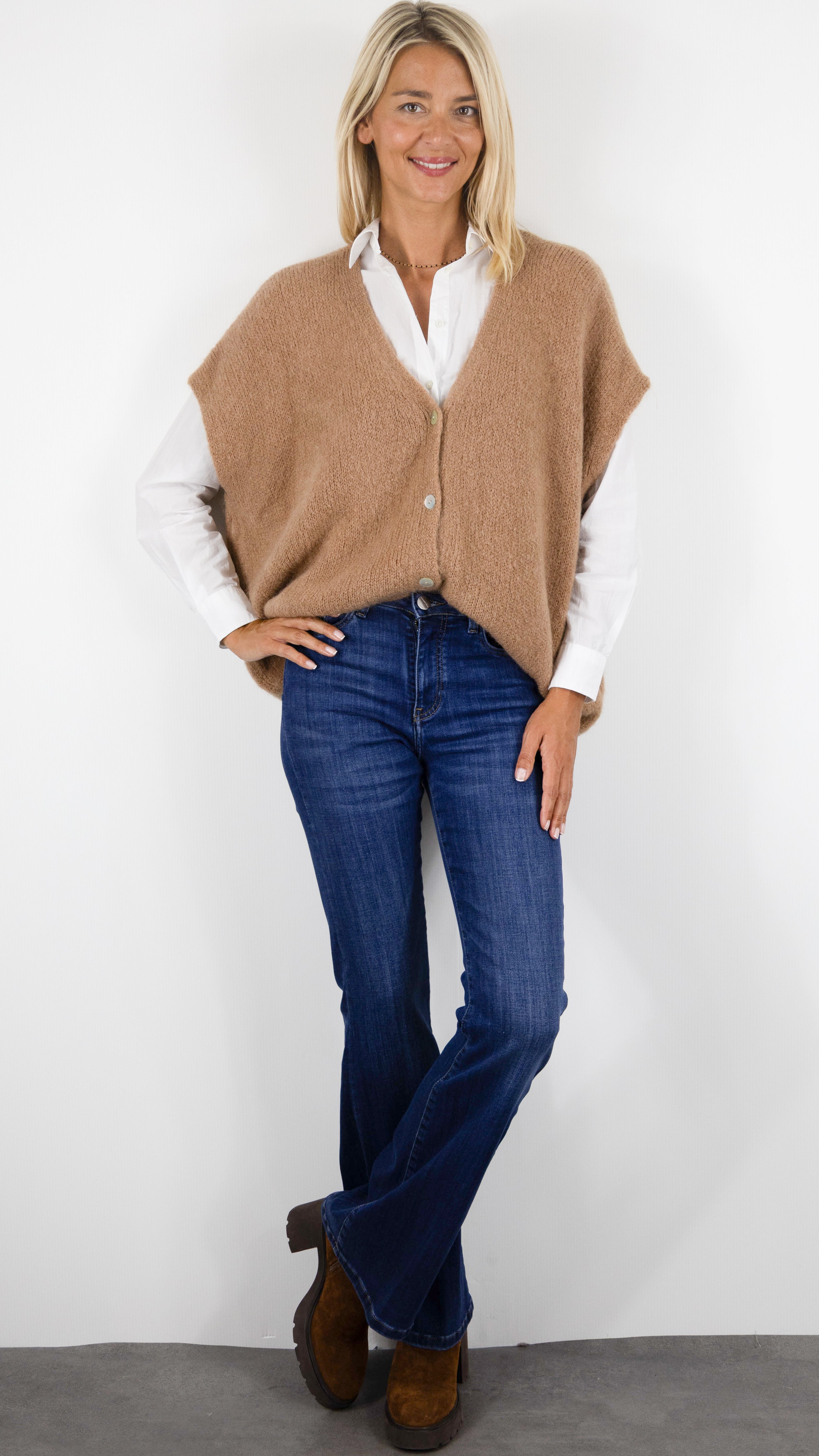 GILET AMPLE SANS MANCHES COL V POUR FEMME ANDROMEDE EH2328#COLOR_CAMEL