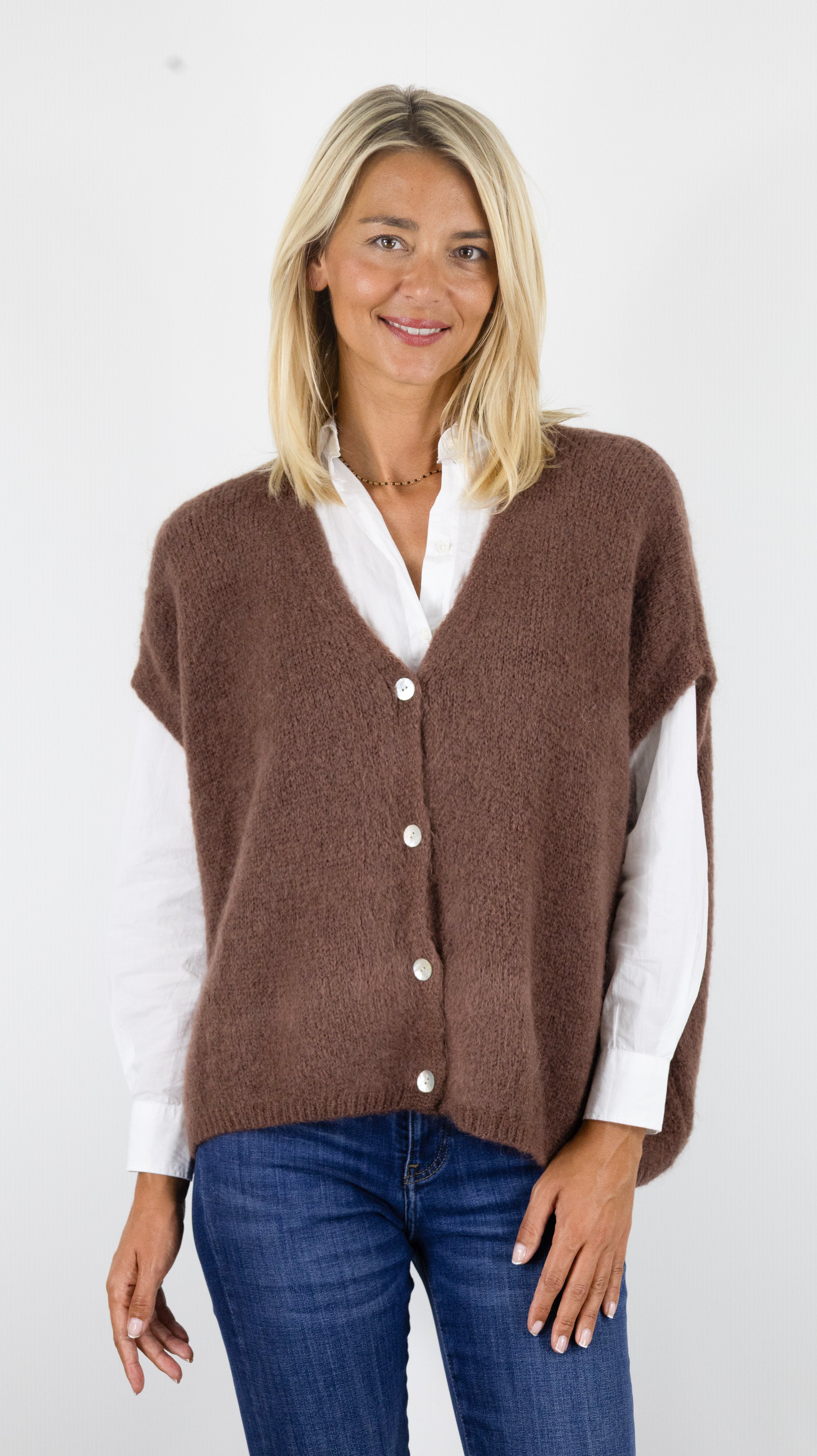 GILET AMPLE SANS MANCHES COL V POUR FEMME ANDROMEDE EH2328#COLOR_CHOCO CLAIR