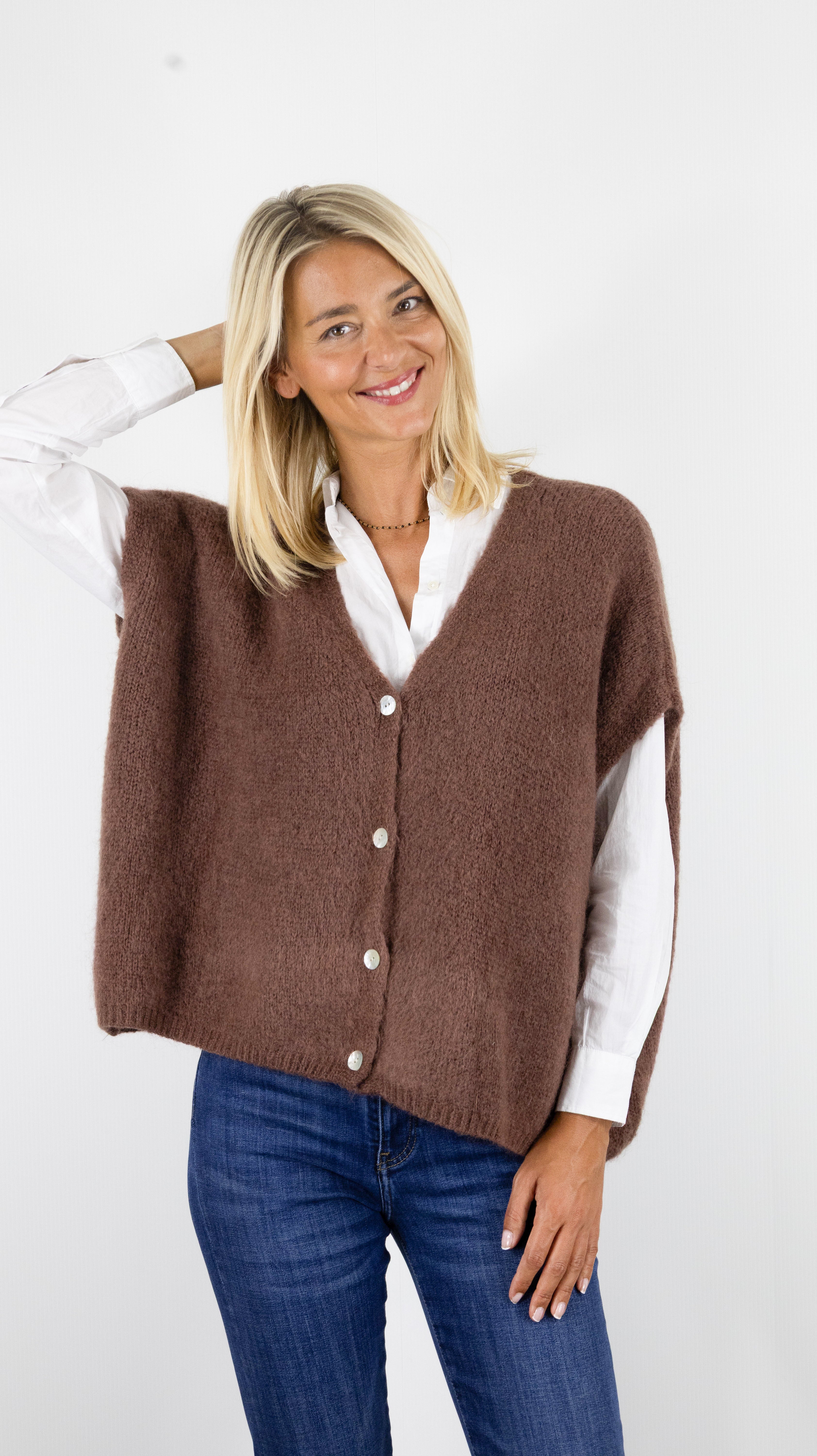 GILET AMPLE SANS MANCHES COL V POUR FEMME ANDROMEDE EH2328#COLOR_CHOCO CLAIR