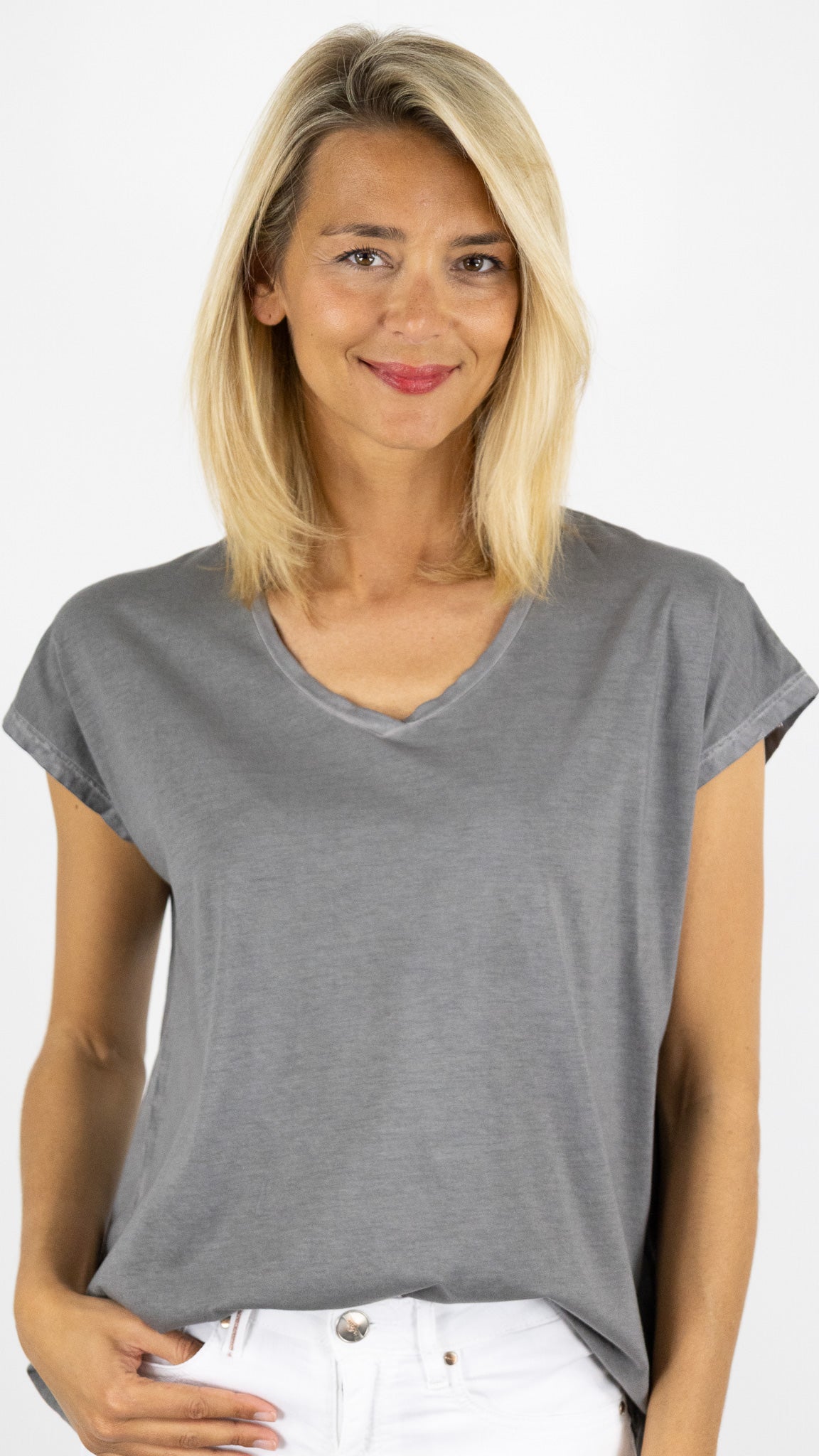 TEE-SHIRT DELAVE V EN COTON PIMA ANONYM EMIW#COLOR_PEPPER/GRIS