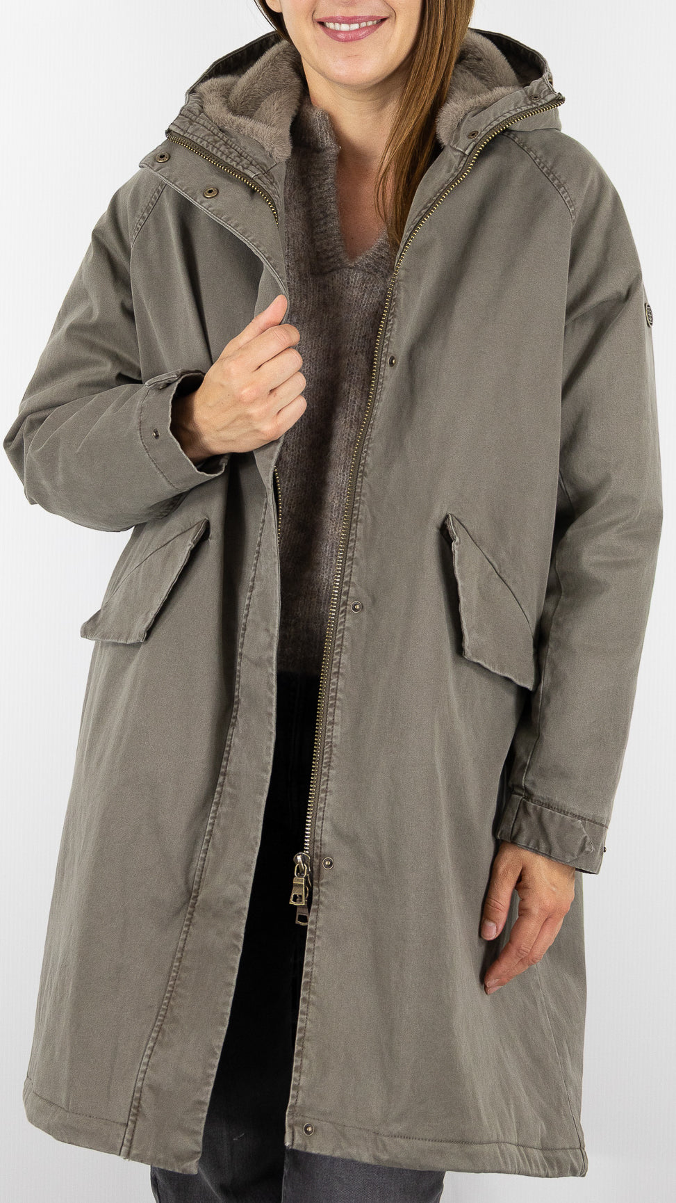 PARKA LONGUE AVEC CAPUCHE FAUSSE FOURRURE POUR FEMME BLONDE N°8 EMMA M DARK TAUPE