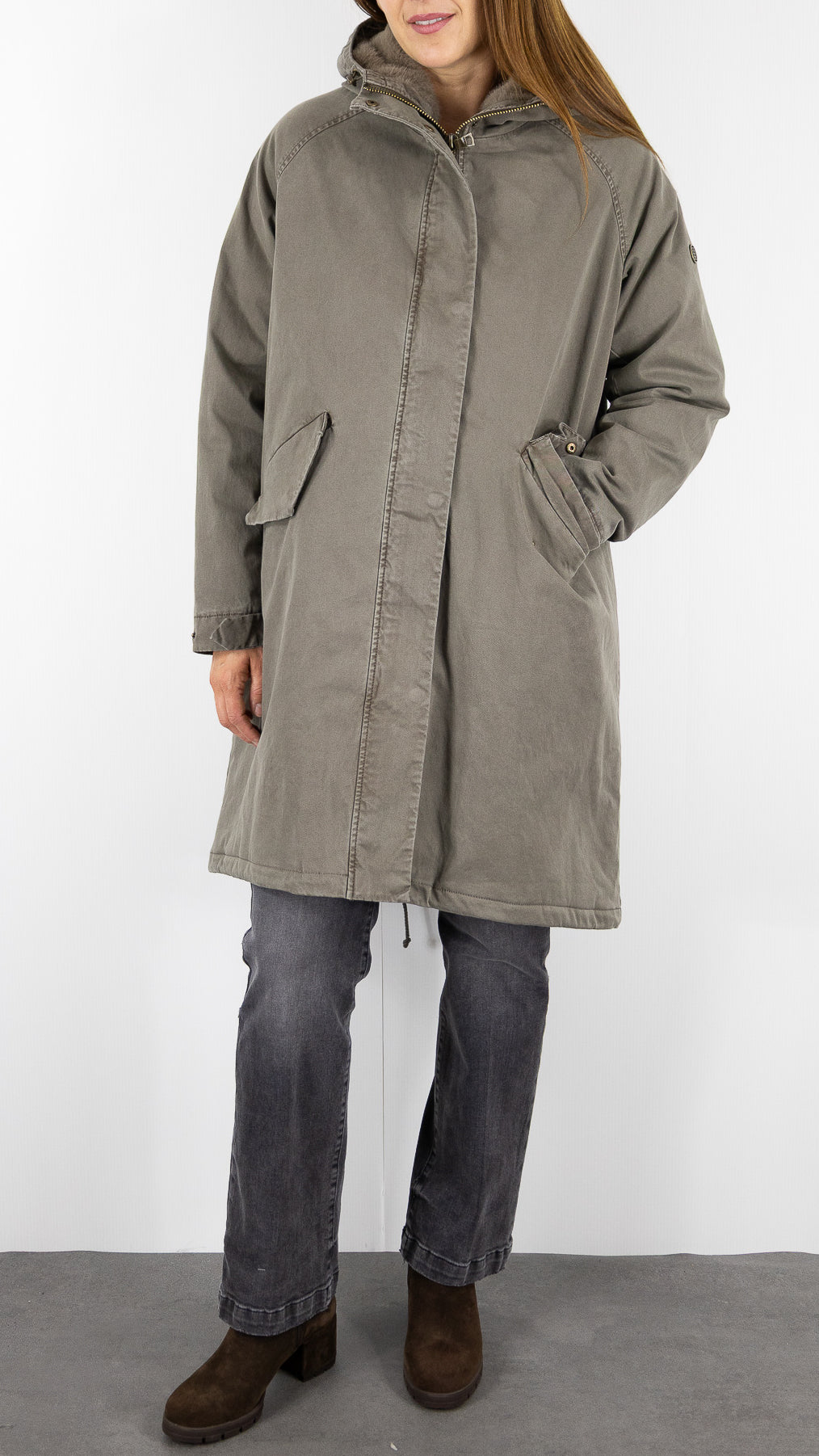 PARKA LONGUE AVEC CAPUCHE FAUSSE FOURRURE POUR FEMME BLONDE N°8 EMMA M DARK TAUPE