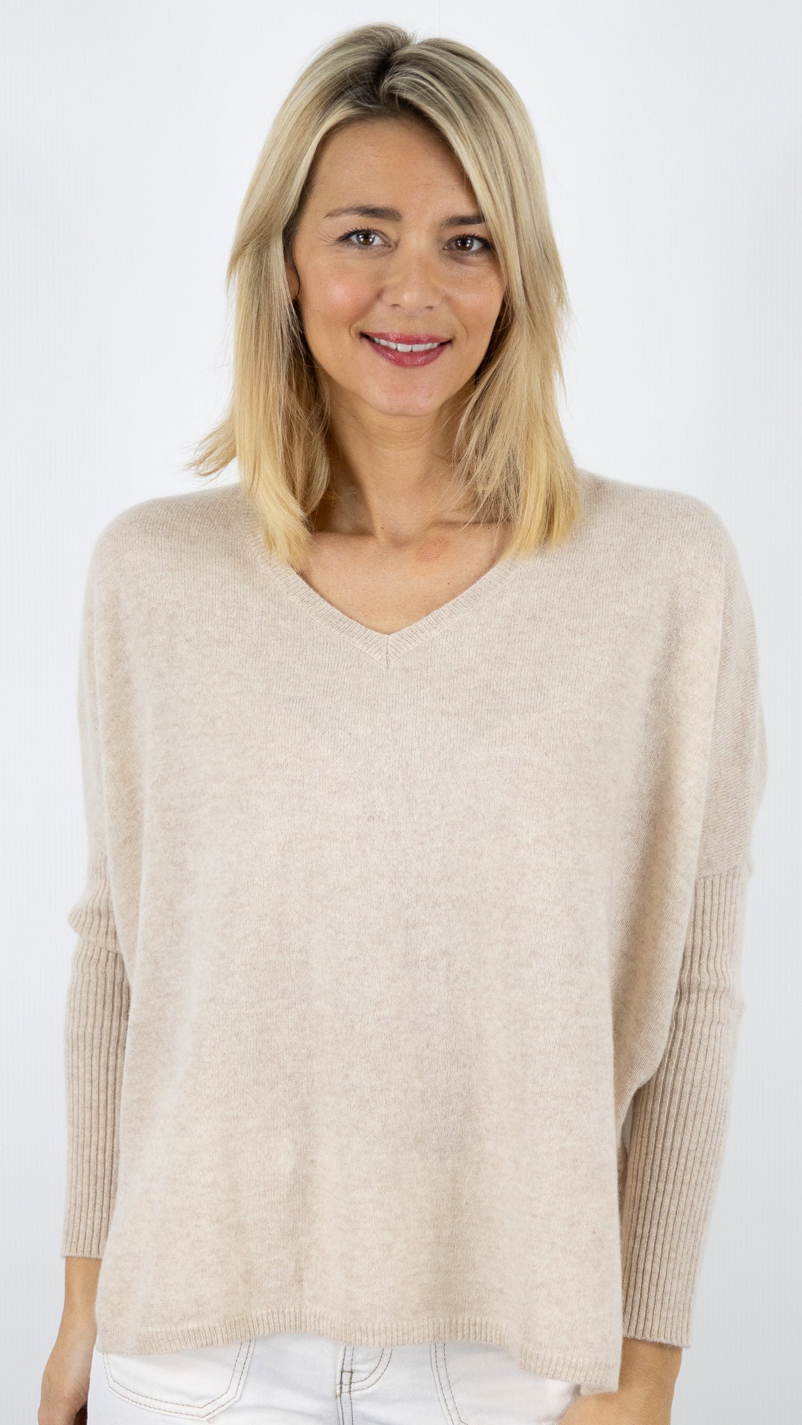 PULL AMPLE COL V  EN CACHEMIRE NOT SHY FAUSTINE#COLOR_BEIGE CHINE