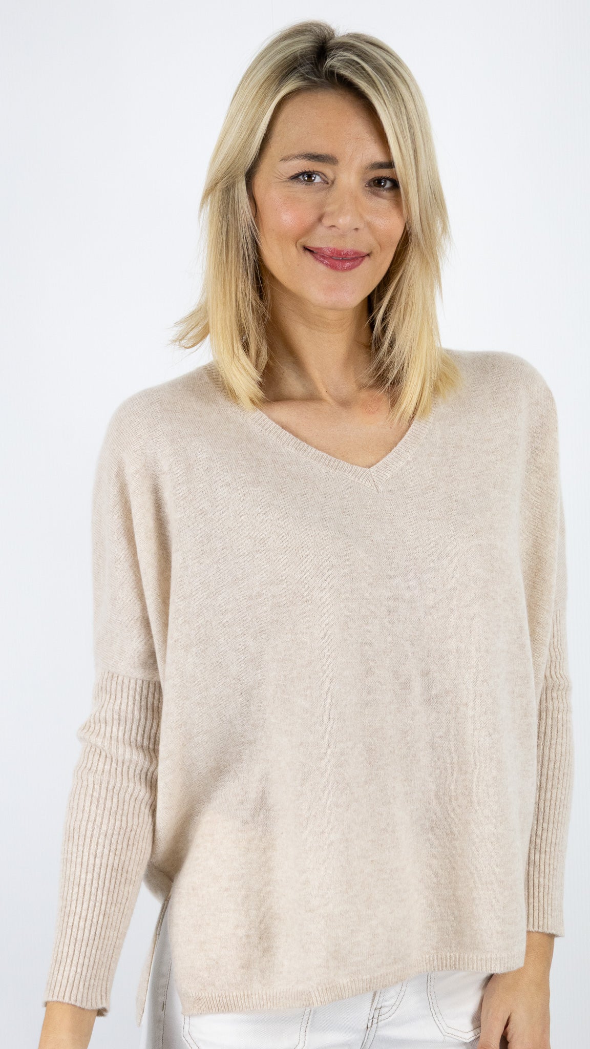 PULL AMPLE COL V  EN CACHEMIRE NOT SHY FAUSTINE#COLOR_BEIGE CHINE