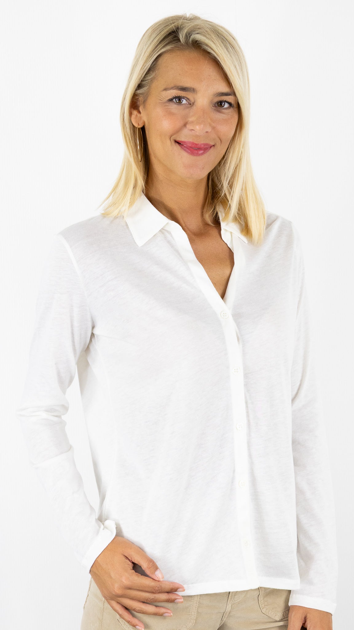 TEE-SHIRT COL POLO EN COTON CACHEMIRE MAJESTIC FCH160 M005#COLOR_125/BLANC LAIT