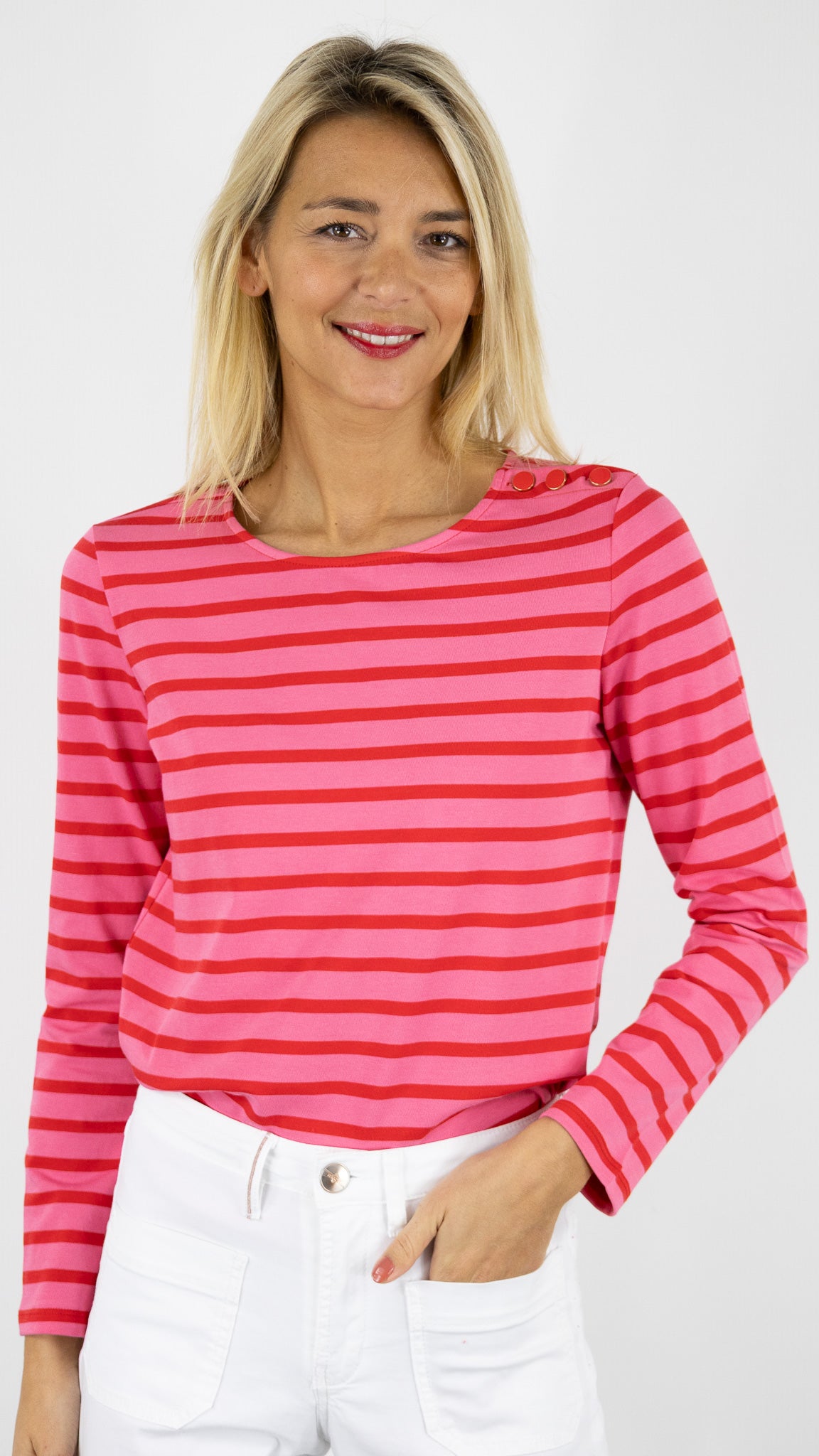 TEE-SHIRT MARINIERE EN COTON COL ROND DES PETITS HAUTS FILIPETTE#COLOR_BUBBLE TOMATE