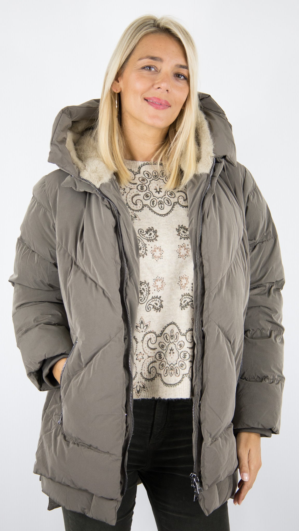 DOUDOUNE EPAISSE A CAPUCHE POUR FEMME HIVER BLONDE N°8 FROST DARK TAUPE