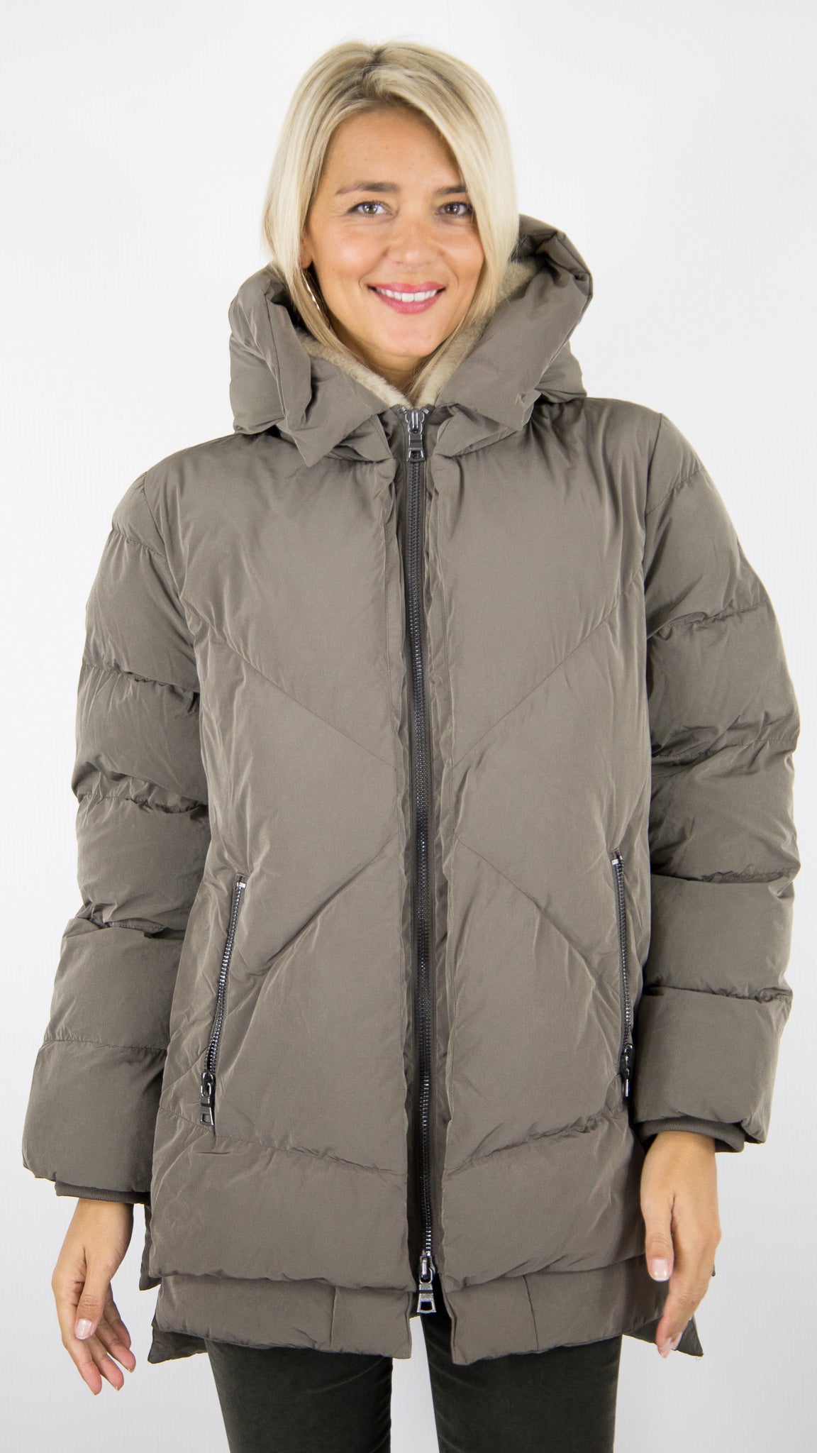 DOUDOUNE EPAISSE A CAPUCHE POUR FEMME HIVER BLONDE N°8 FROST DARK TAUPE