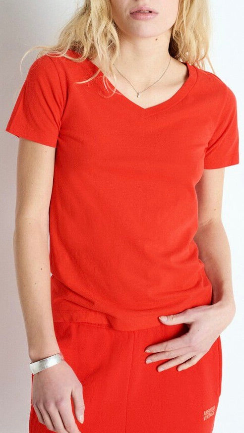 TEE-SHIRT COL V MANCHES COURTES COTON FLAMME AMERICAN VINTAGE GAMIPY#COLOR_FRAISE/ROUGE