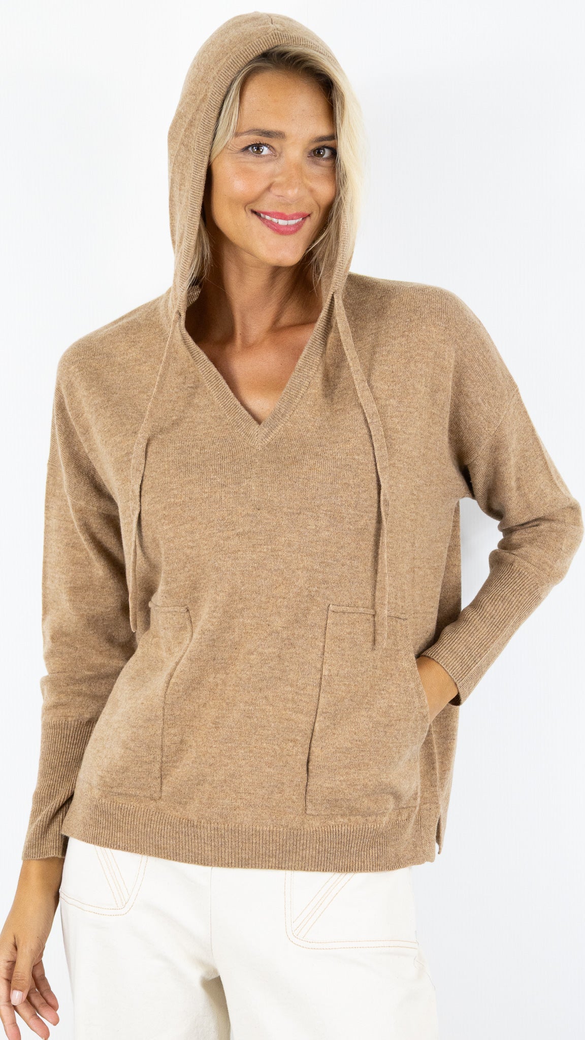 PULL A CAPUCHE DROIT CACHEMIRE ET LAINE NOT SHY GEMA#COLOR_CAMEL CHINE