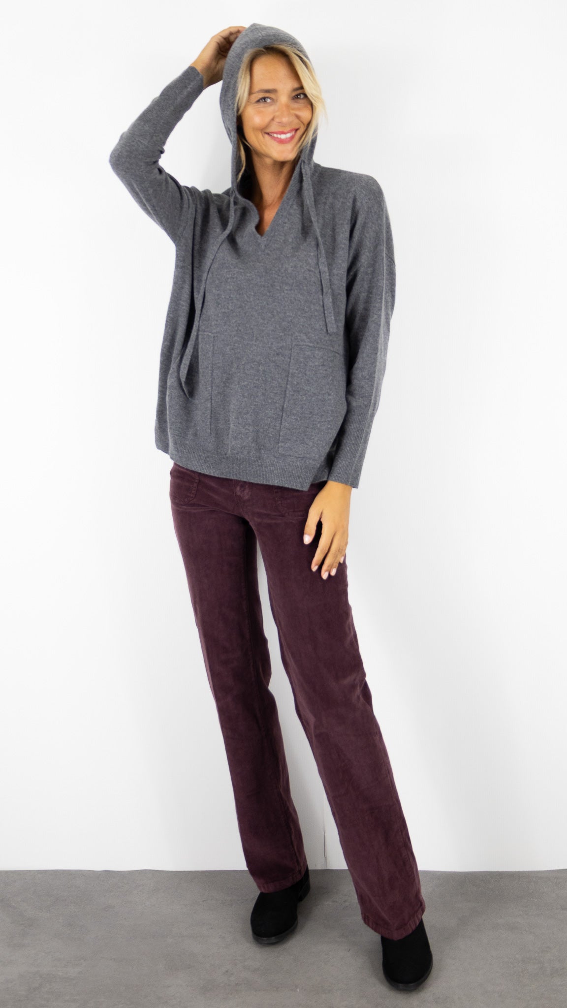 PULL A CAPUCHE DROIT CACHEMIRE ET LAINE NOT SHY GEMA#COLOR_GRIS CHINE FONCE