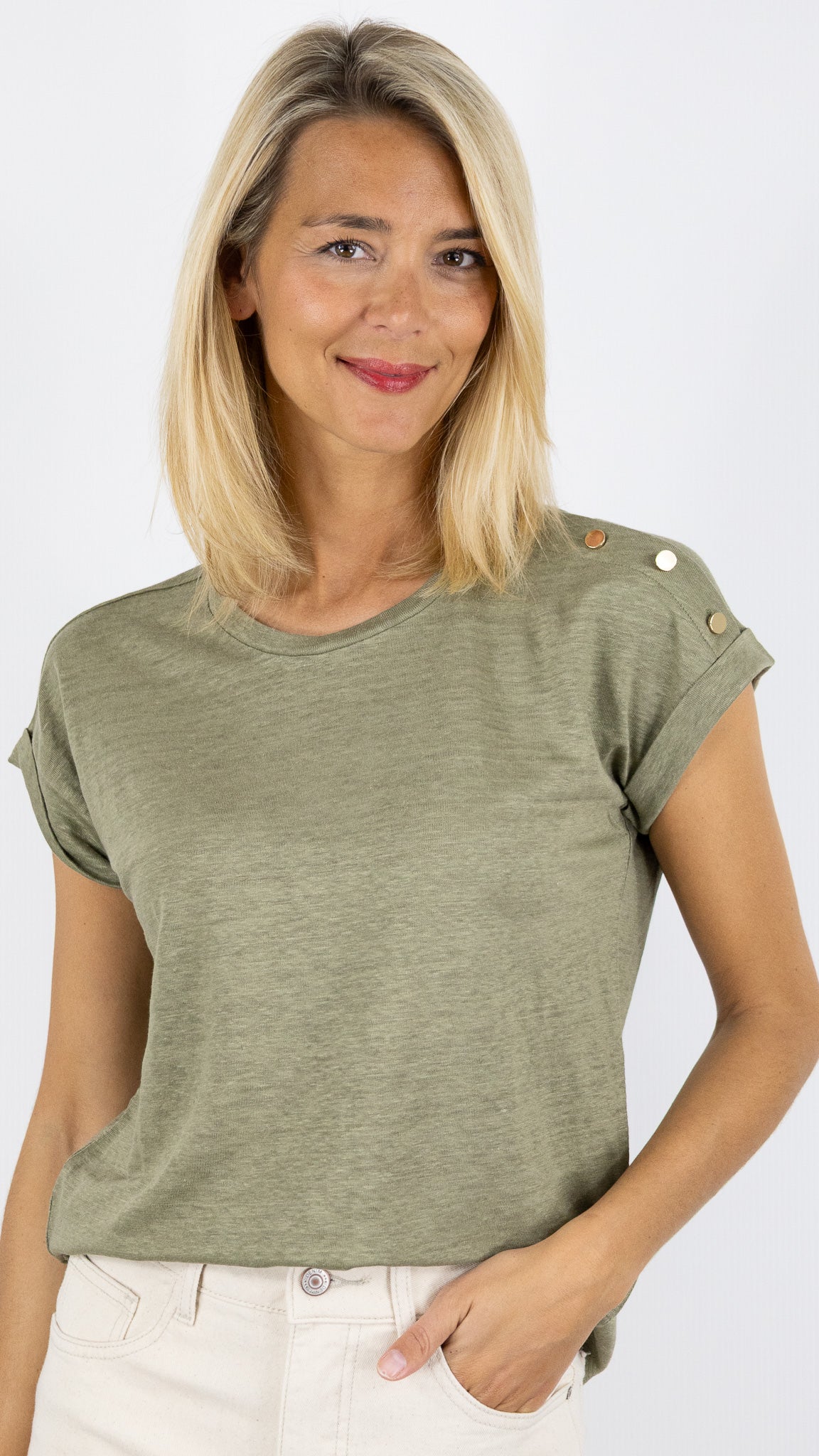 TEE SHIRT EN LIN MANCHES COURTES GERARD DAREL GIGI DBT29/B250#COLOR_50/KAKI