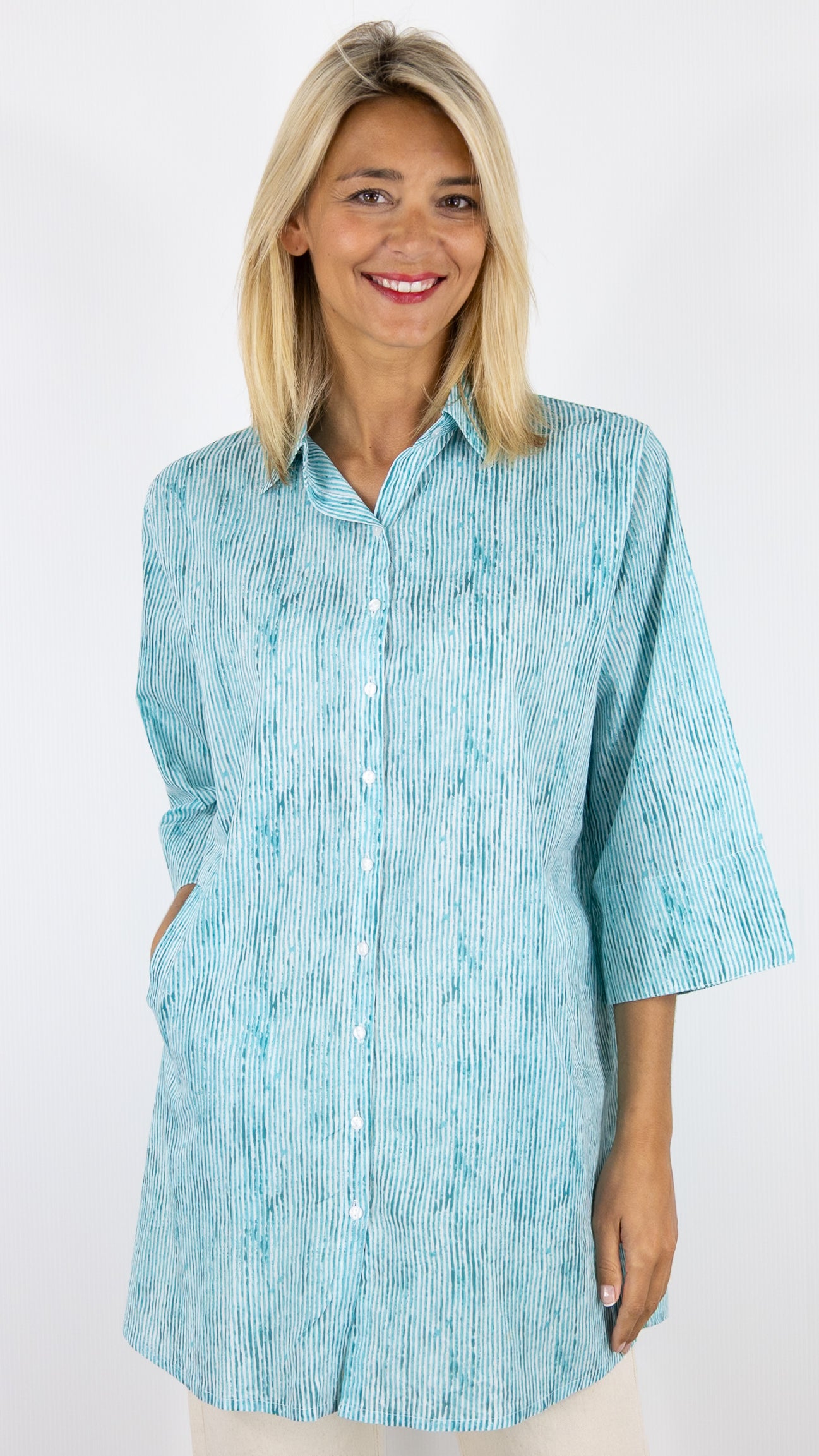 CHEMISE TUNIQUE AMPLE RAYEE EN COTON TERRE ROUGE GS188#COLOR_5R01/ACQUA