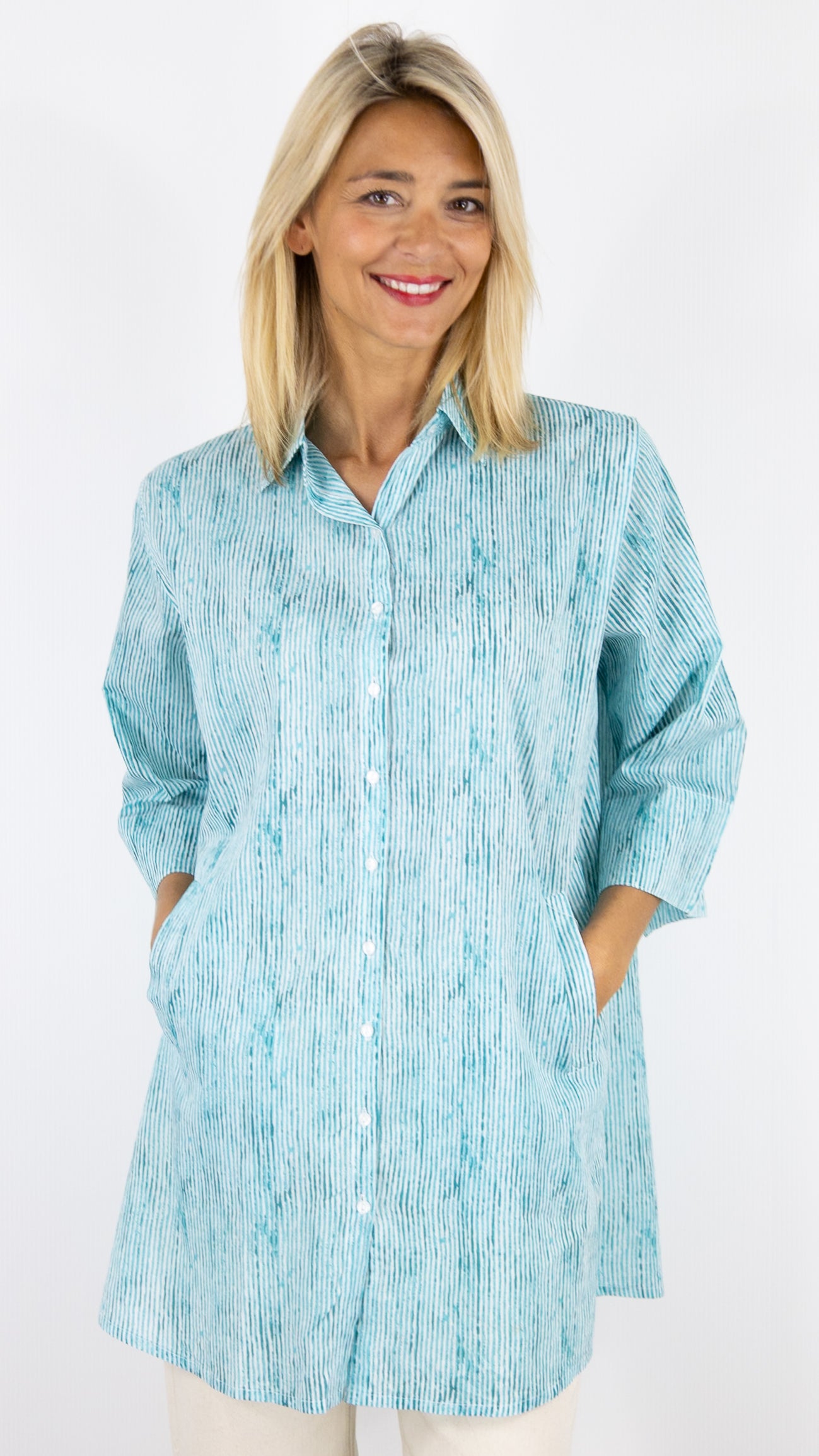 CHEMISE TUNIQUE AMPLE RAYEE EN COTON TERRE ROUGE GS188#COLOR_5R01/ACQUA