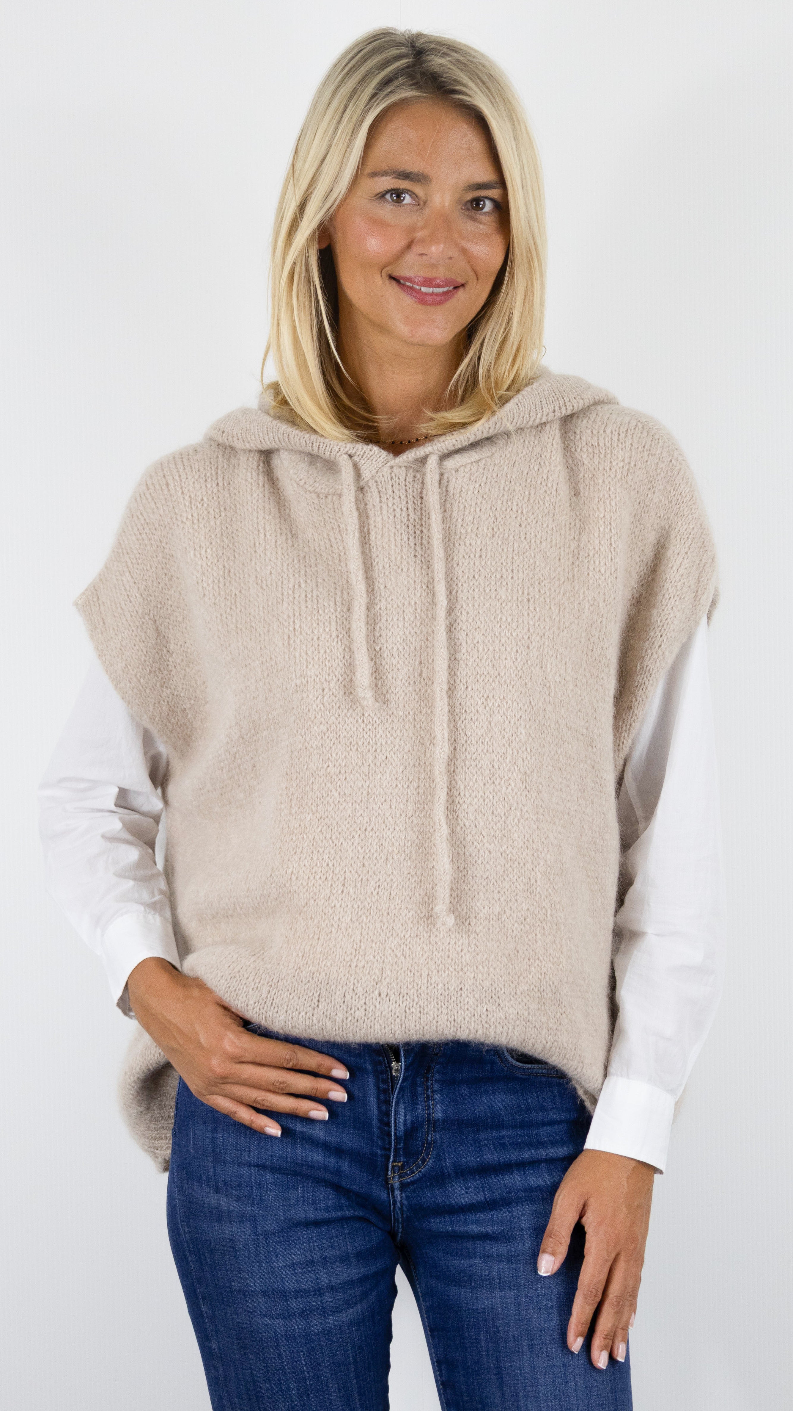 PULL AMPLE À CAPUCHE SANS MANCHES POUR FEMME ANDROMEDE H2489#COLOR_BEIGE