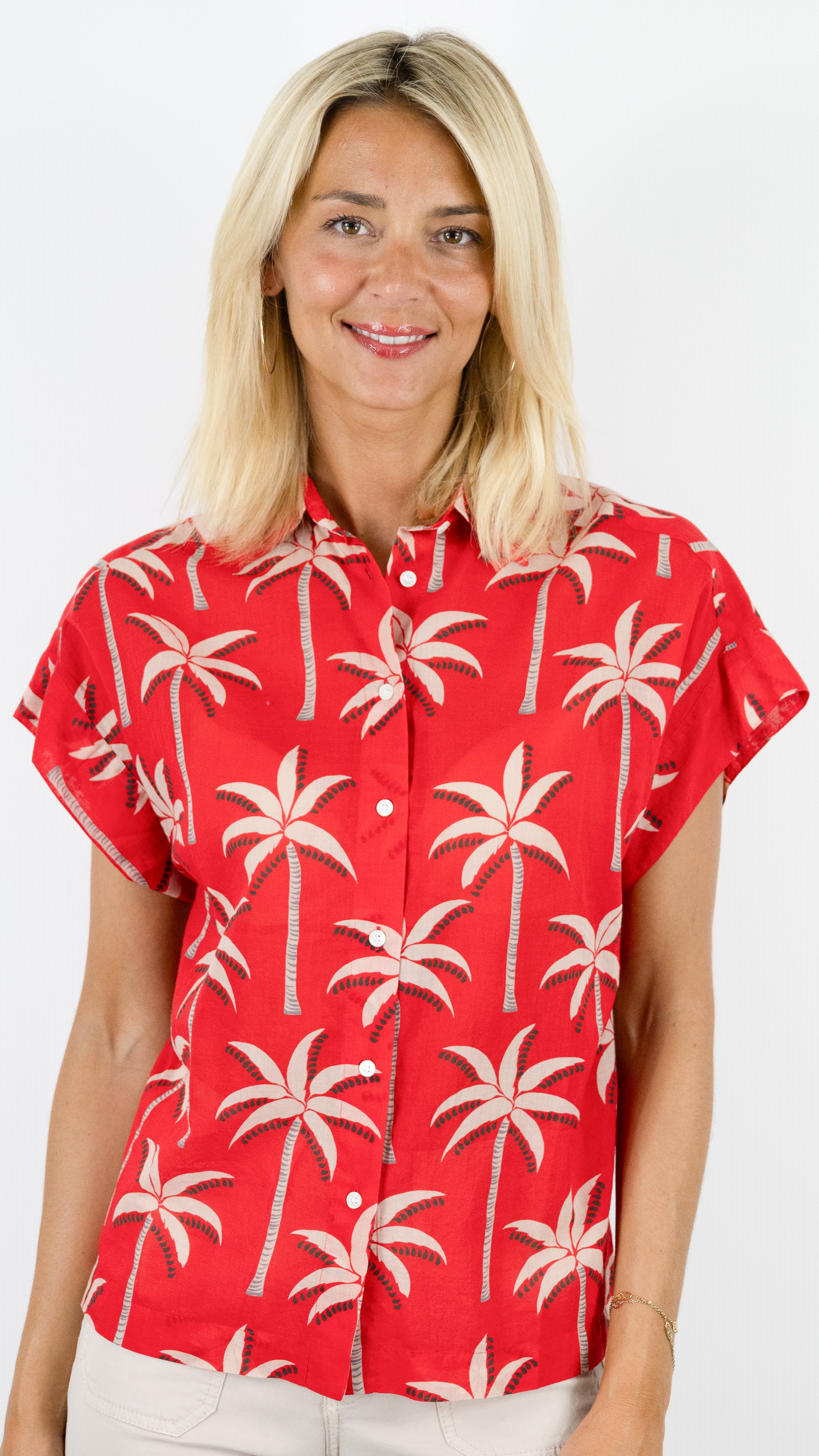 CHEMISE IMPRIME PALMIER MANCHES COURTES EN COTON POUR FEMME CET ETE HARTFORD CARLOS#COLOR_02/ROUGE
