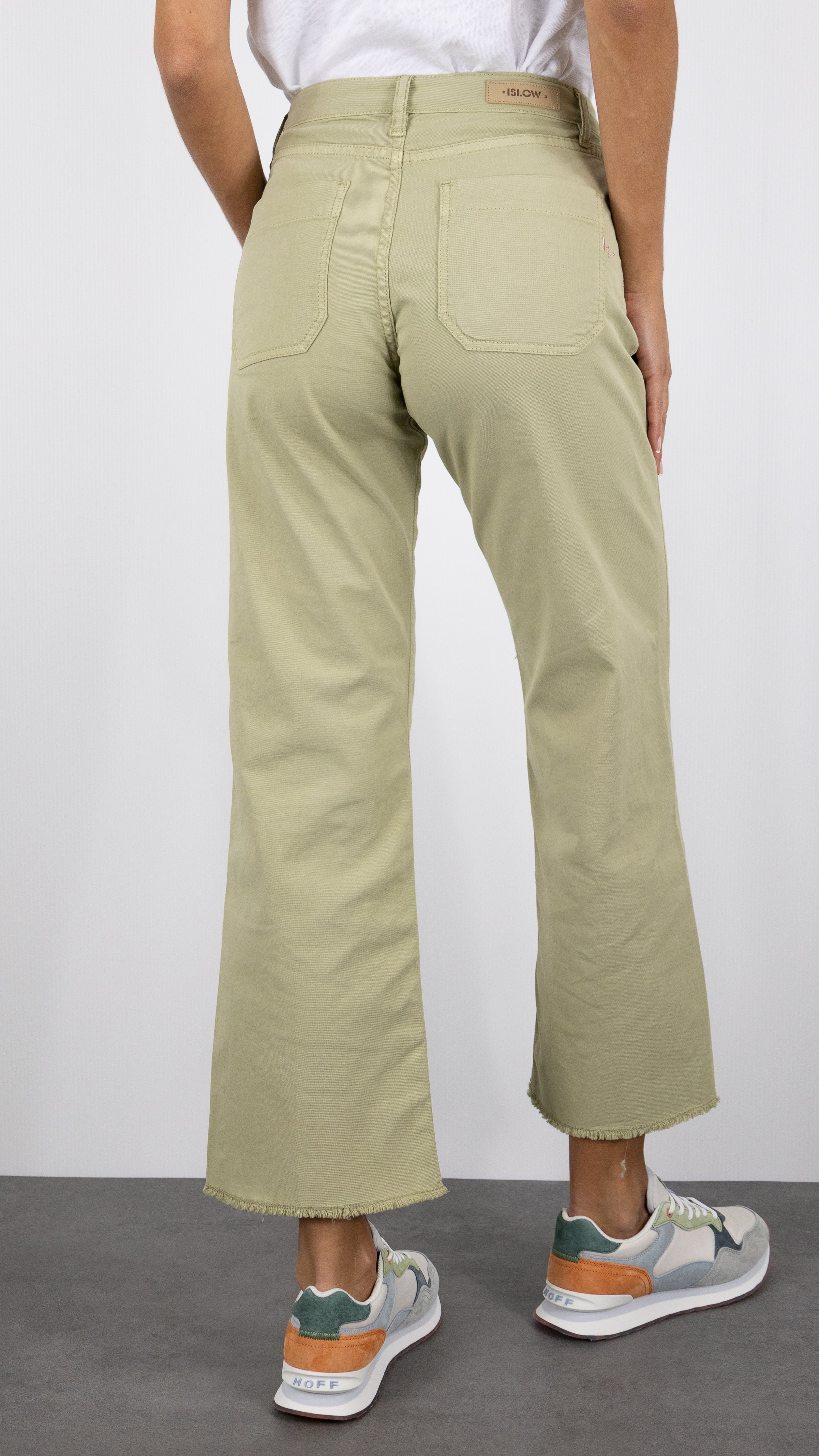 PANTALON 7/8 LARGE BAS FRANGE POUR FEMME ISLOW HOPE LIGHT GABARDINE STRETCH#COLOR_VERVEINE/KAKI CLAIR 