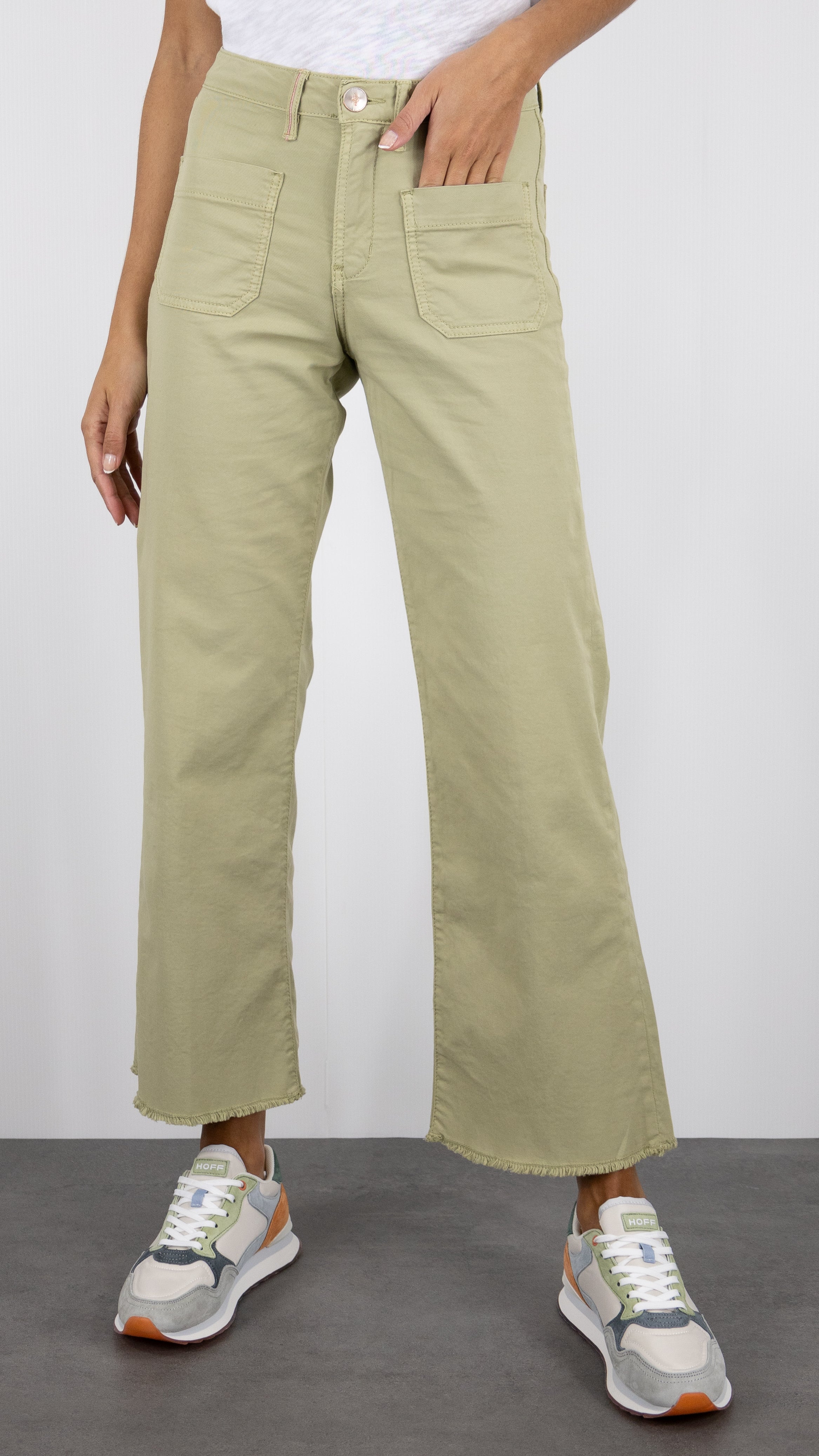 PANTALON 7/8 LARGE BAS FRANGE POUR FEMME ISLOW HOPE LIGHT GABARDINE STRETCH#COLOR_VERVEINE/KAKI CLAIR 