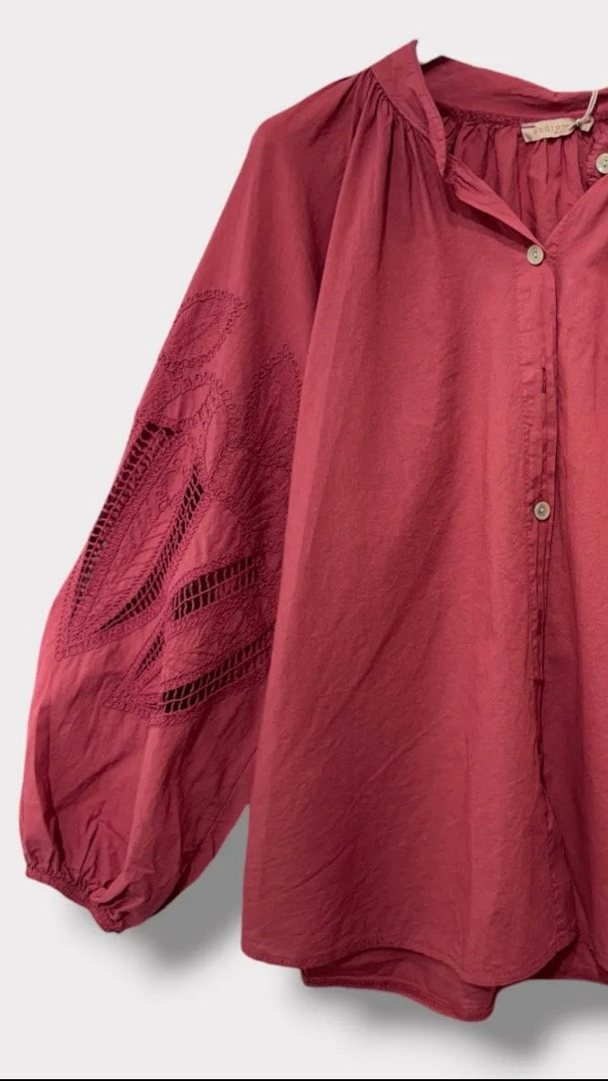 BLOUSE EVASEE BRODEE AJOUREE EN COTON ANDROMEDE 829753#COLOR_TERRACOTTA
