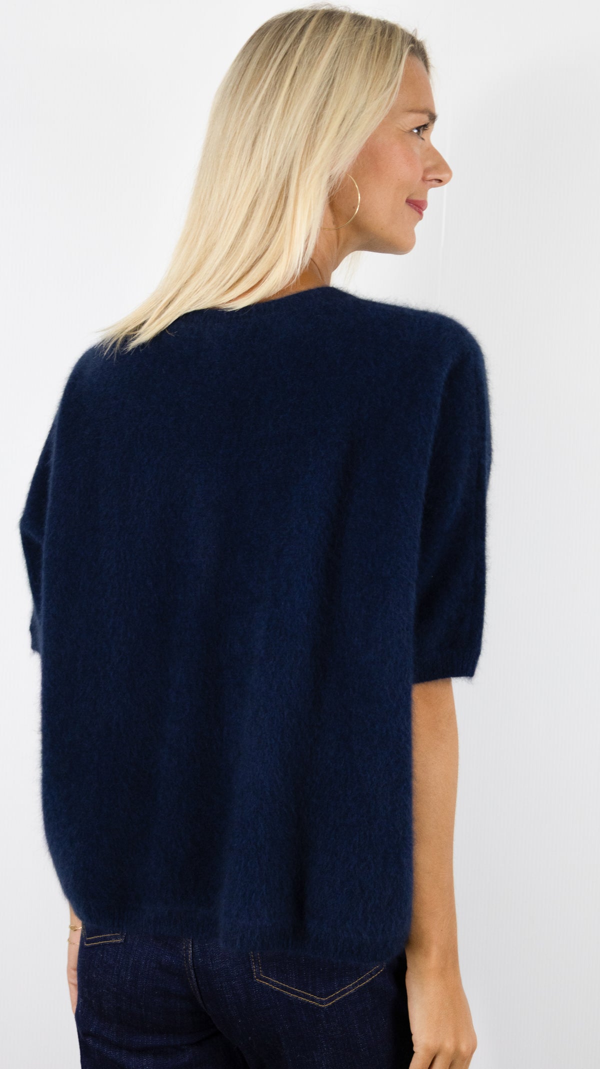 PULL AMPLE COL ROND MANCHES COURTES EN RACCOON POUR FEMME ESTHEME JF4W059R-1#COLOR_53370/NUIT MARINE